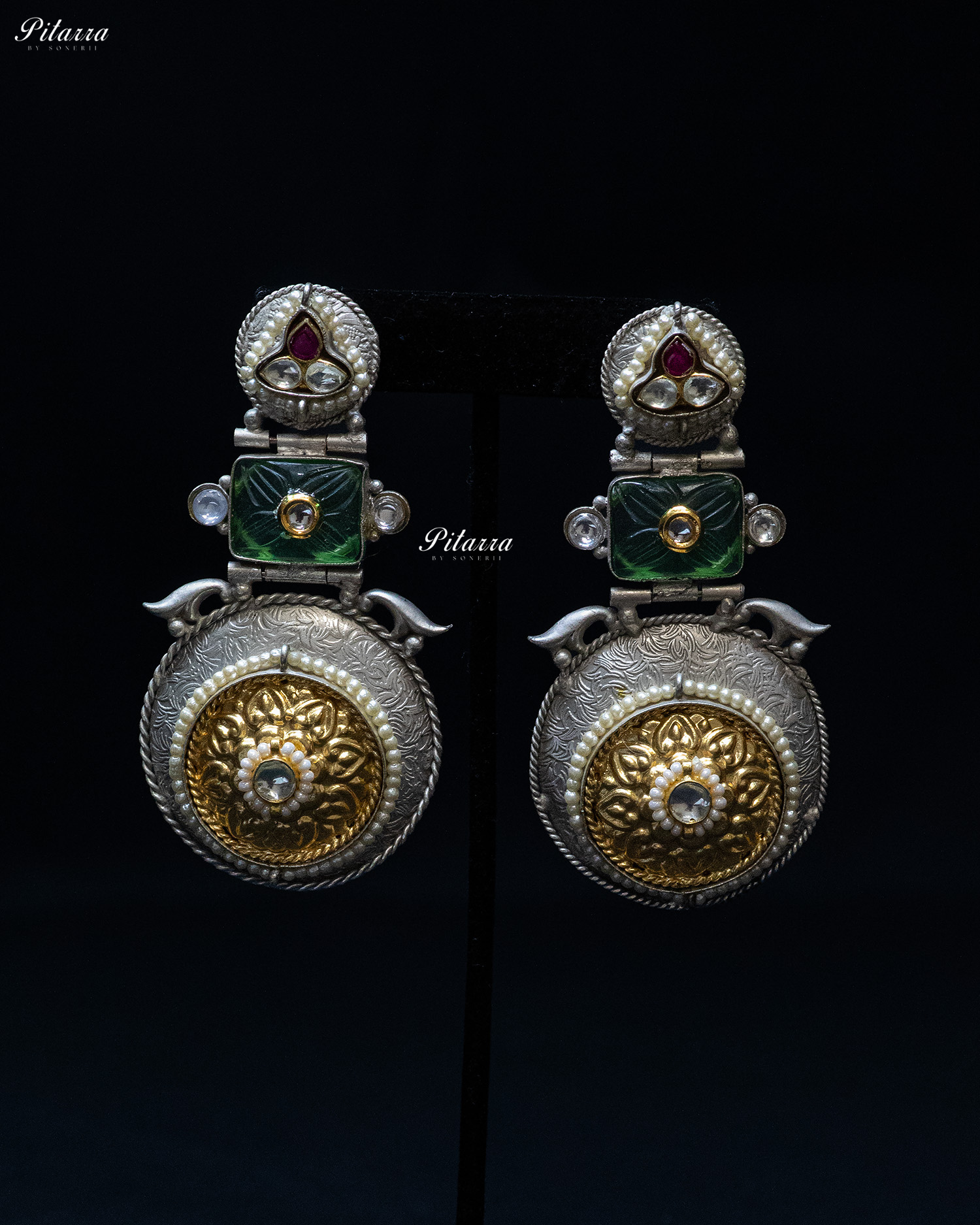 Dark Green Square Stone Silver Look Alike Dangler Earrings