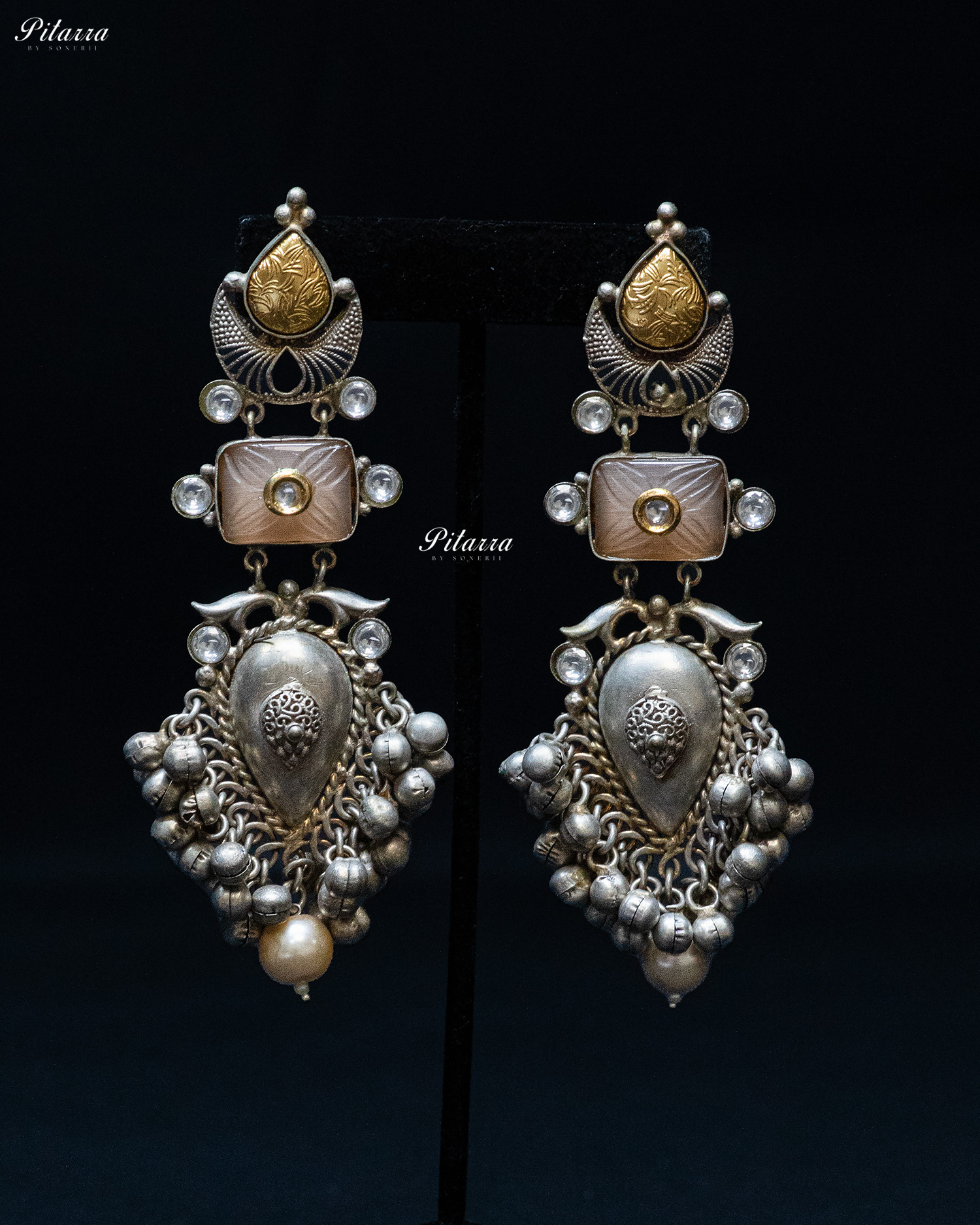 Antique Design Peach Stone Silver Look Alike Dangle Earrings