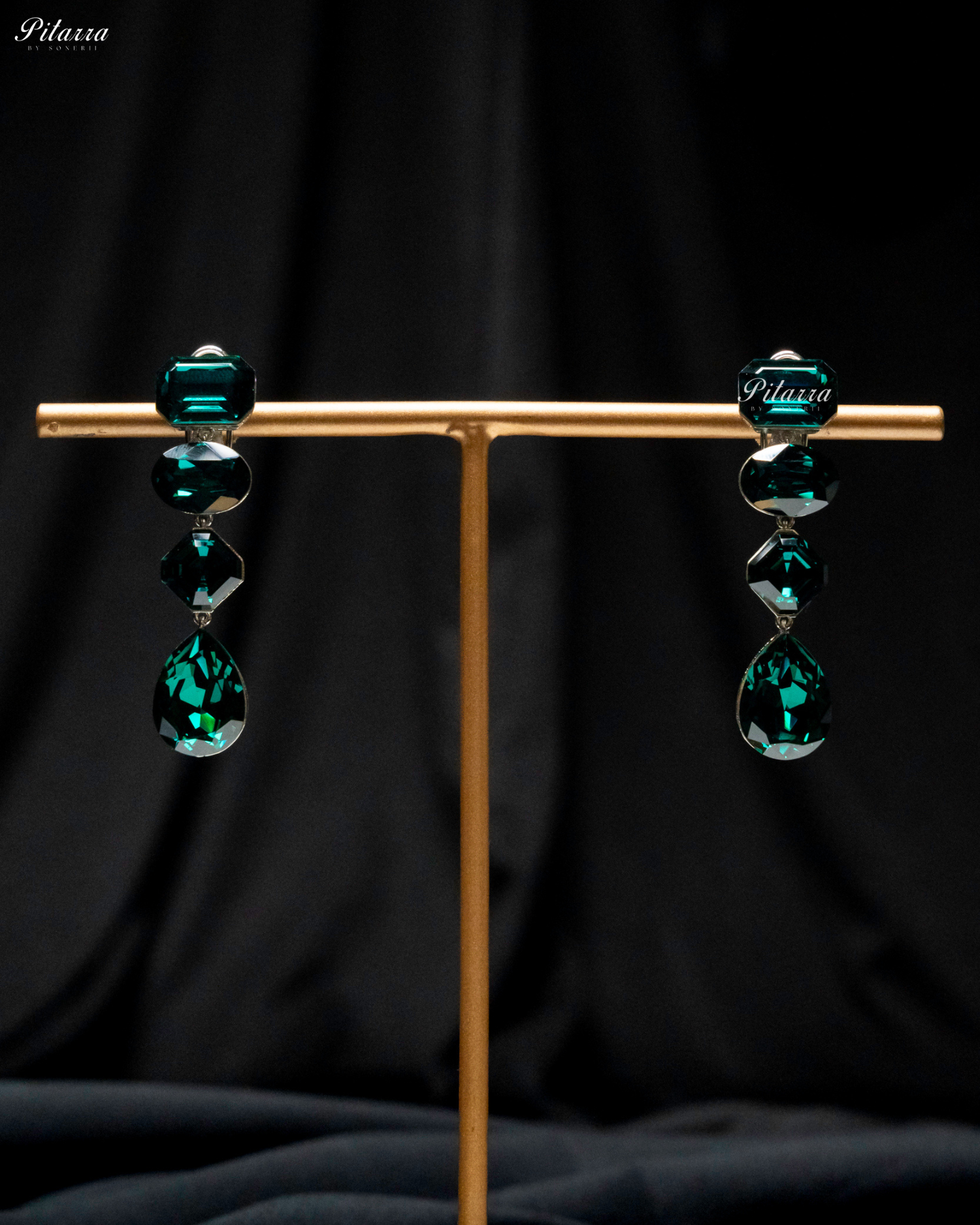 Emerald Stone Studded Geometric Crystal Drop Earrings