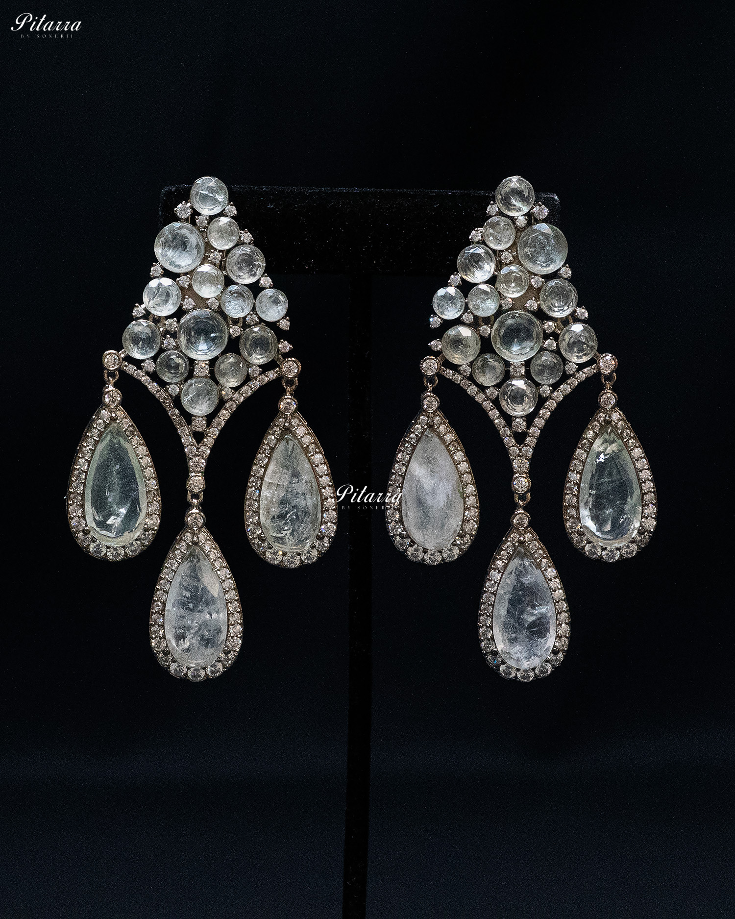 White Stone Three Teardrop Golden Finish CZ Crystal Dangler Earrings