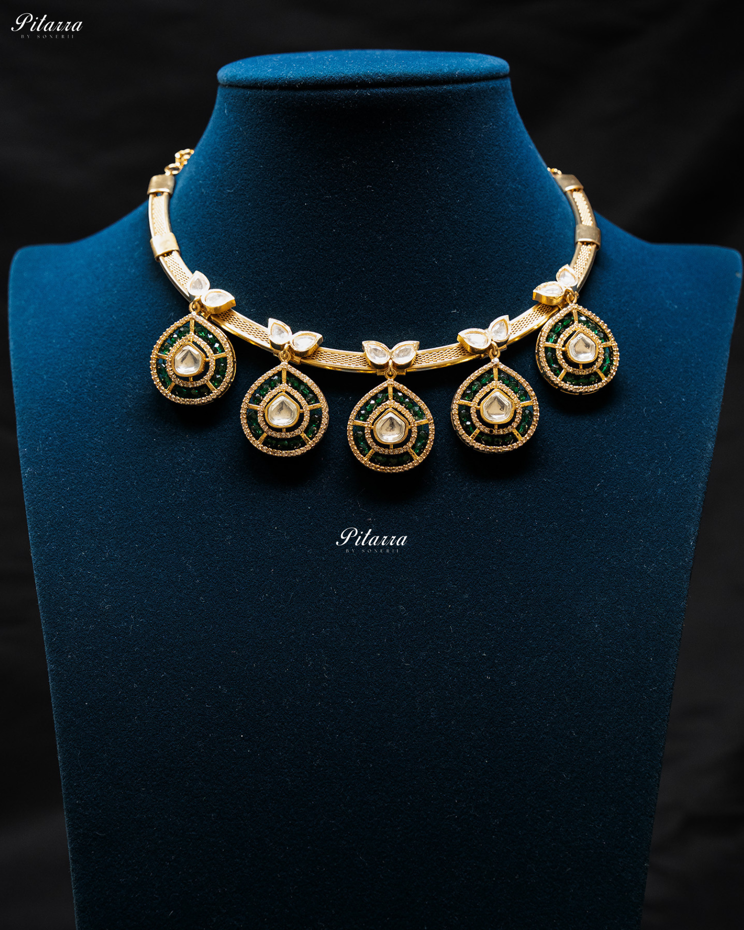 Emerald Crystals Teardrop Gold Plated Kundan Necklace Set