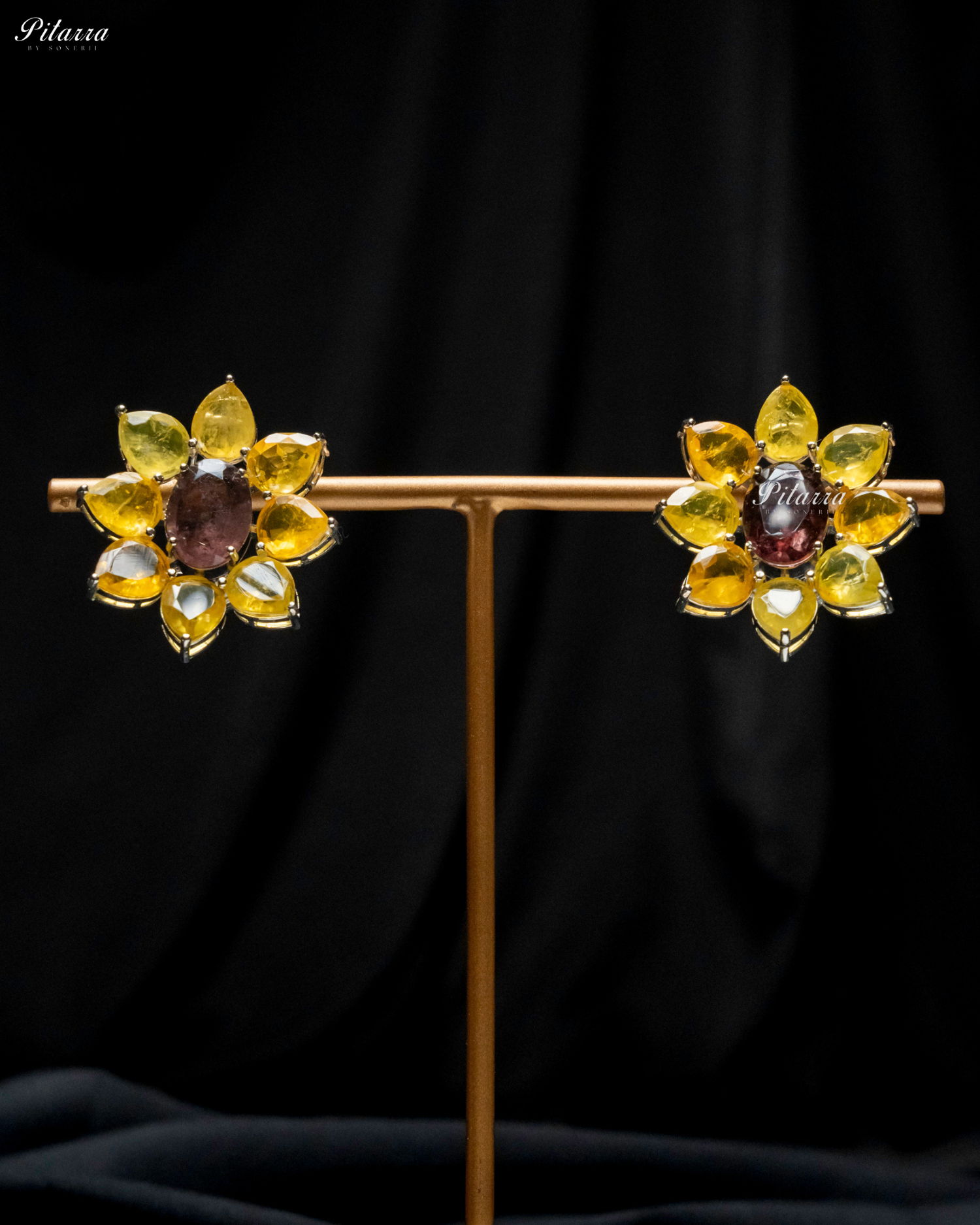 Brown Floral Yellow Petals CZ Doublet Stud Earrings