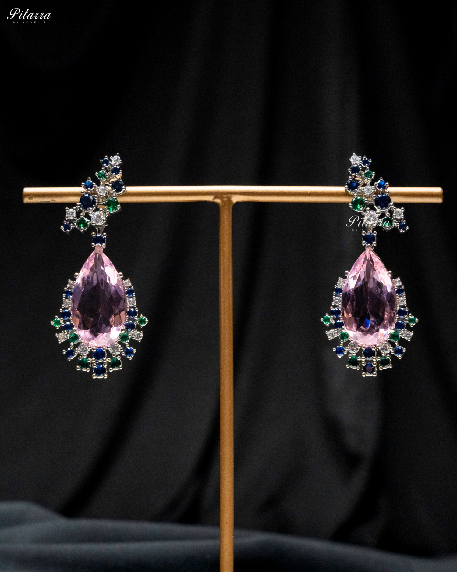 Pink Stone Sparkling Sliver Line Crystal Earrings