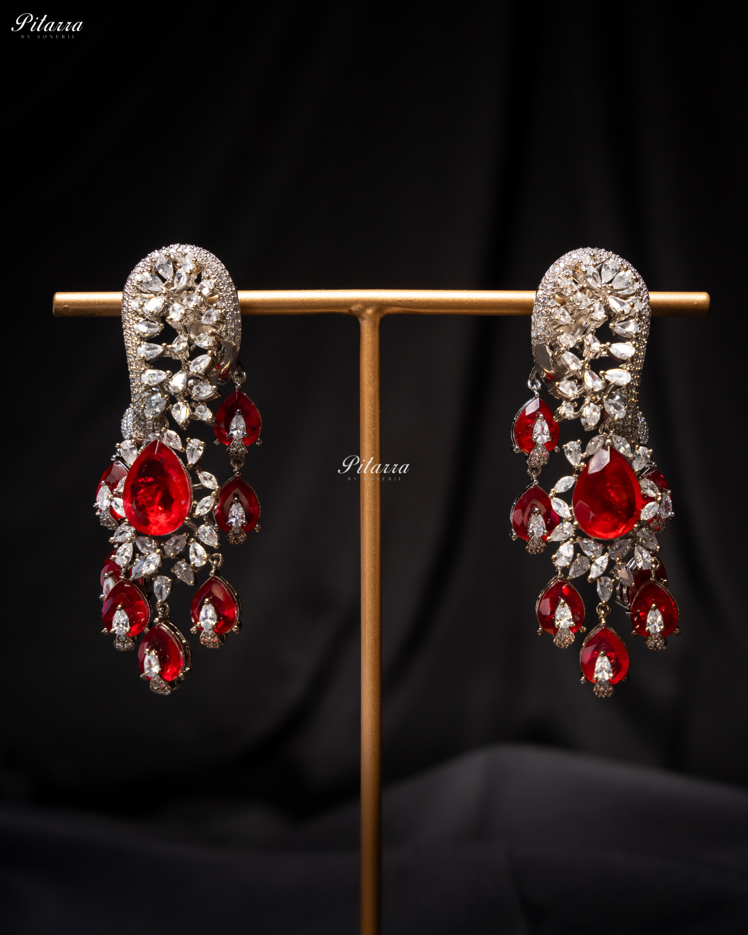 Red Silver Polish CZ Crystal Dangler Earrings