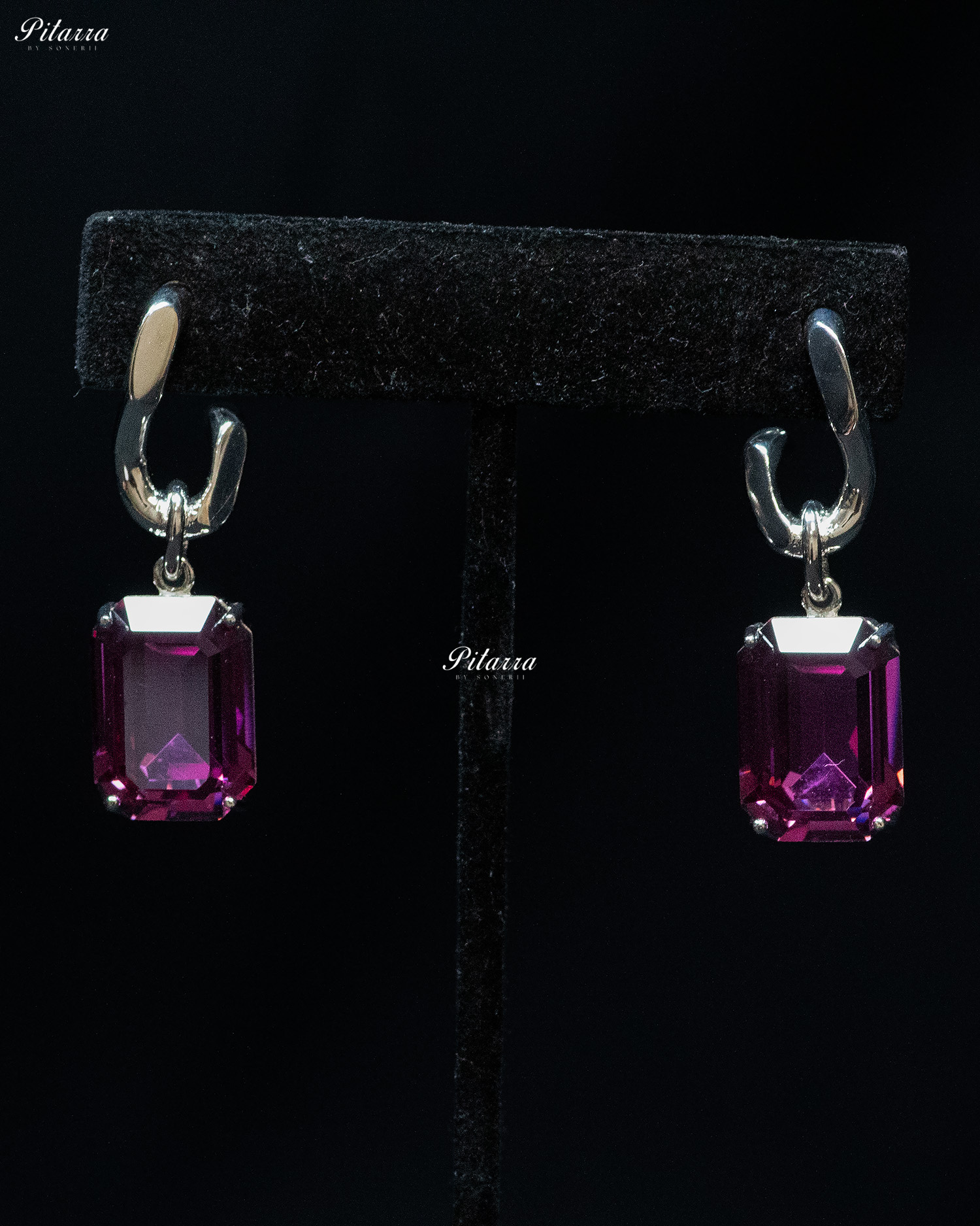 Purple Stone Rectangular Zircon Silver Crystal Earrings