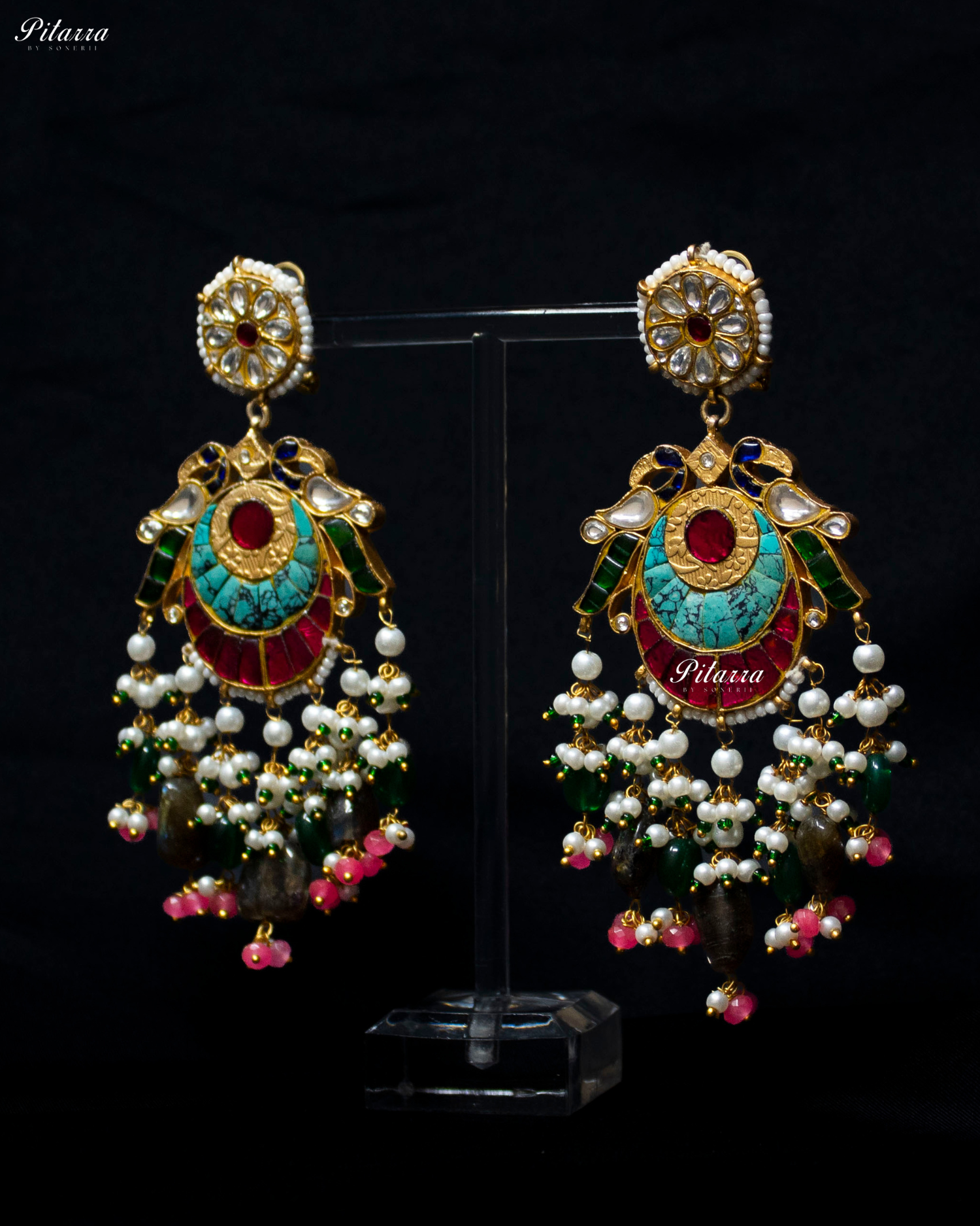 Multicolor Bird Emerald Pearls Kundan Dangle Earrings
