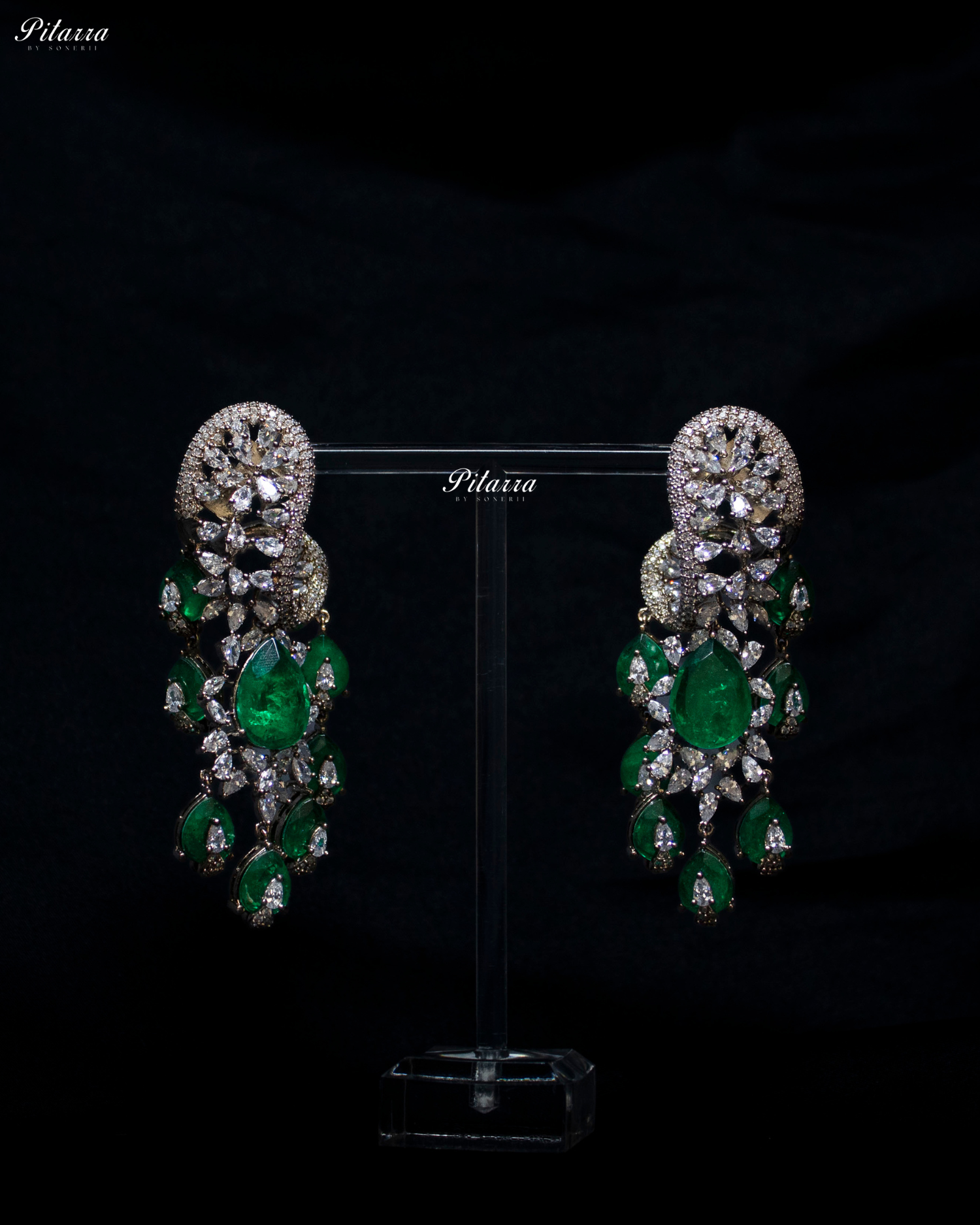 Emerald Silver Polish CZ Crystal Dangler Earrings