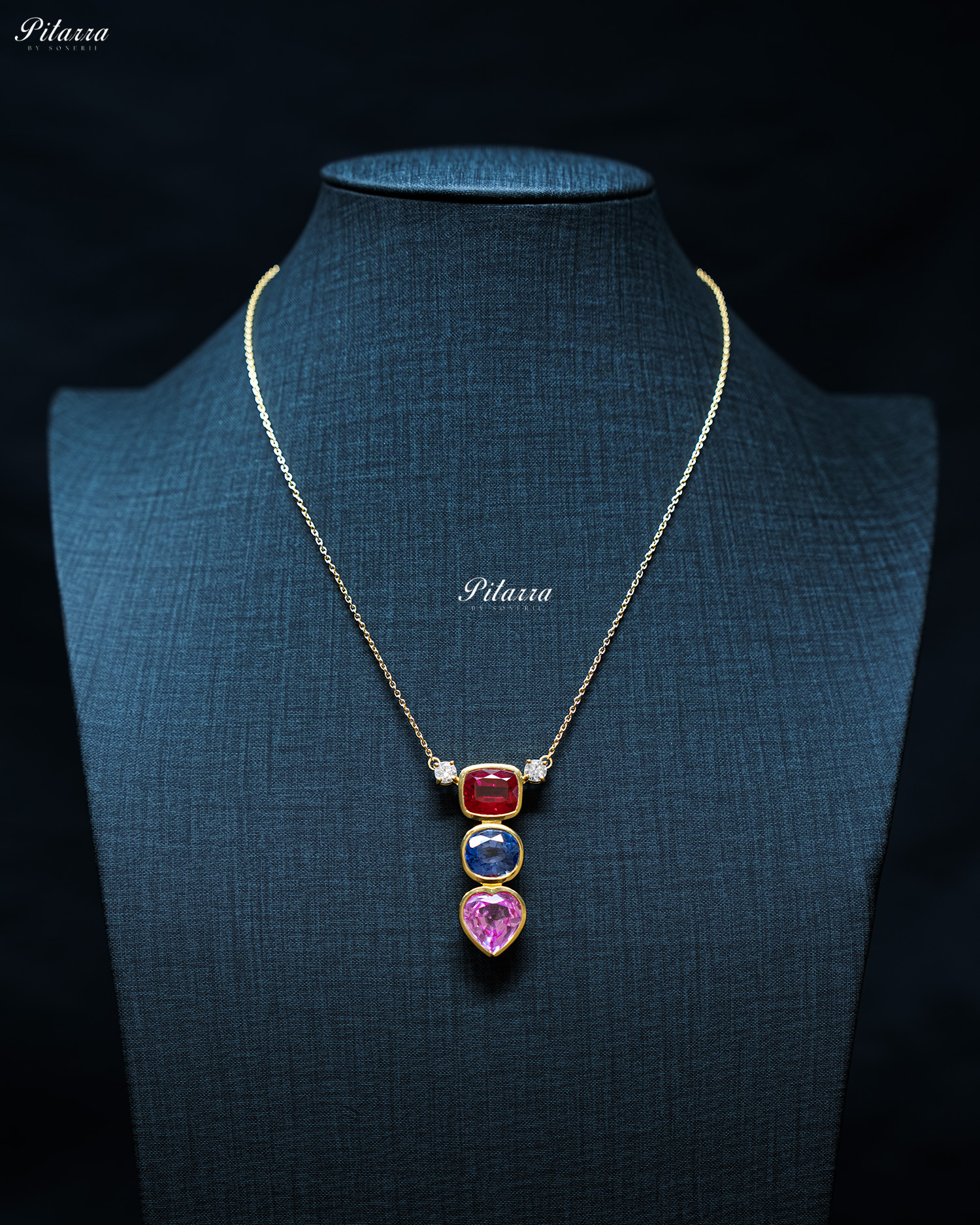 Gold Chain Red Square Top Stone Pink Drop Pendent Set