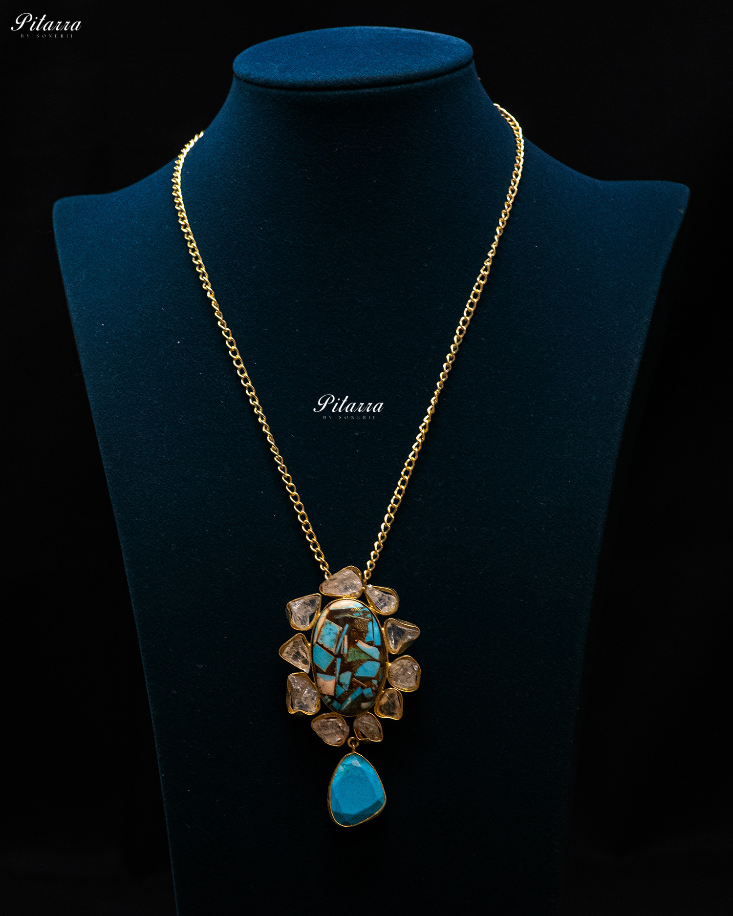 Turquoise Raw Stone White Crystals Pendant Necklace