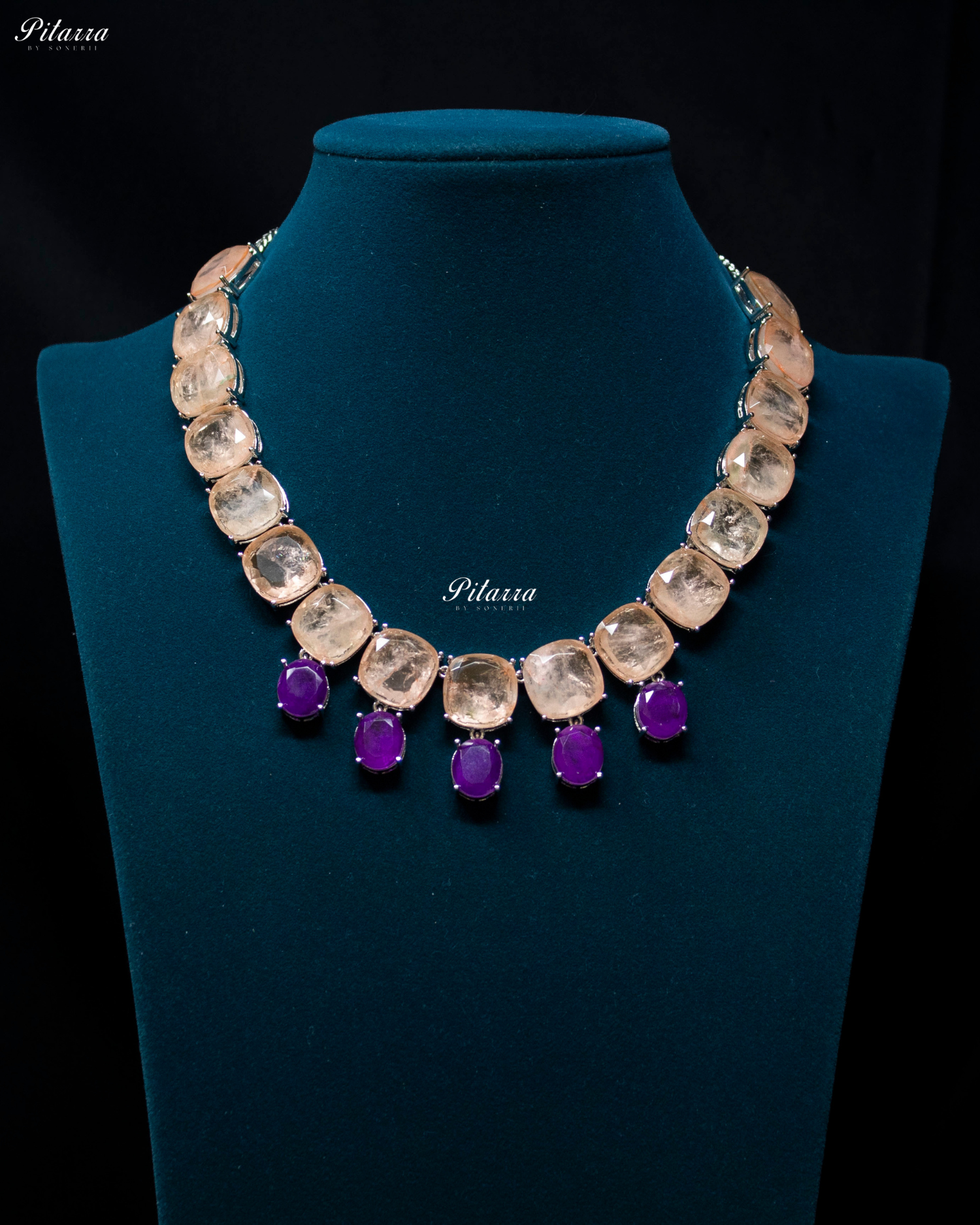 Peach Square Stone Premium Crystal Necklace Set