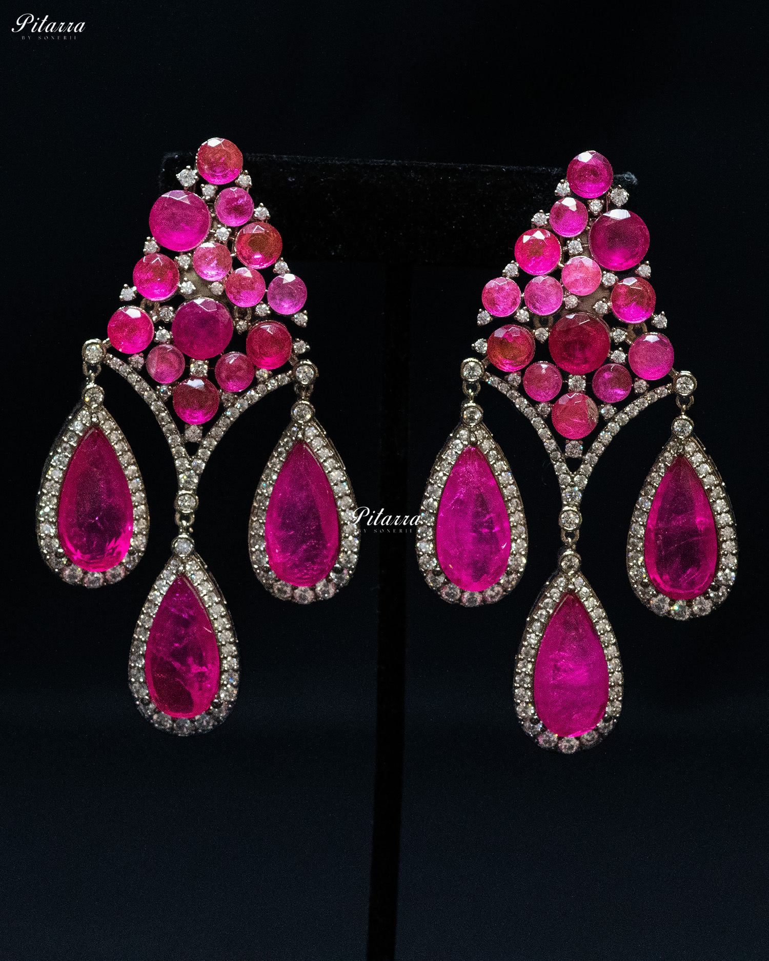 Pink Stone Three Teardrop Golden Finish CZ Crystal Dangler Earrings