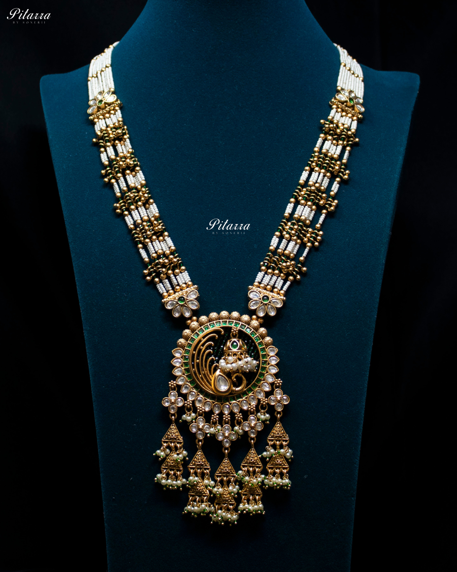 Emerald Tone Green Detailing Golden Peacock Kundan Necklace Set