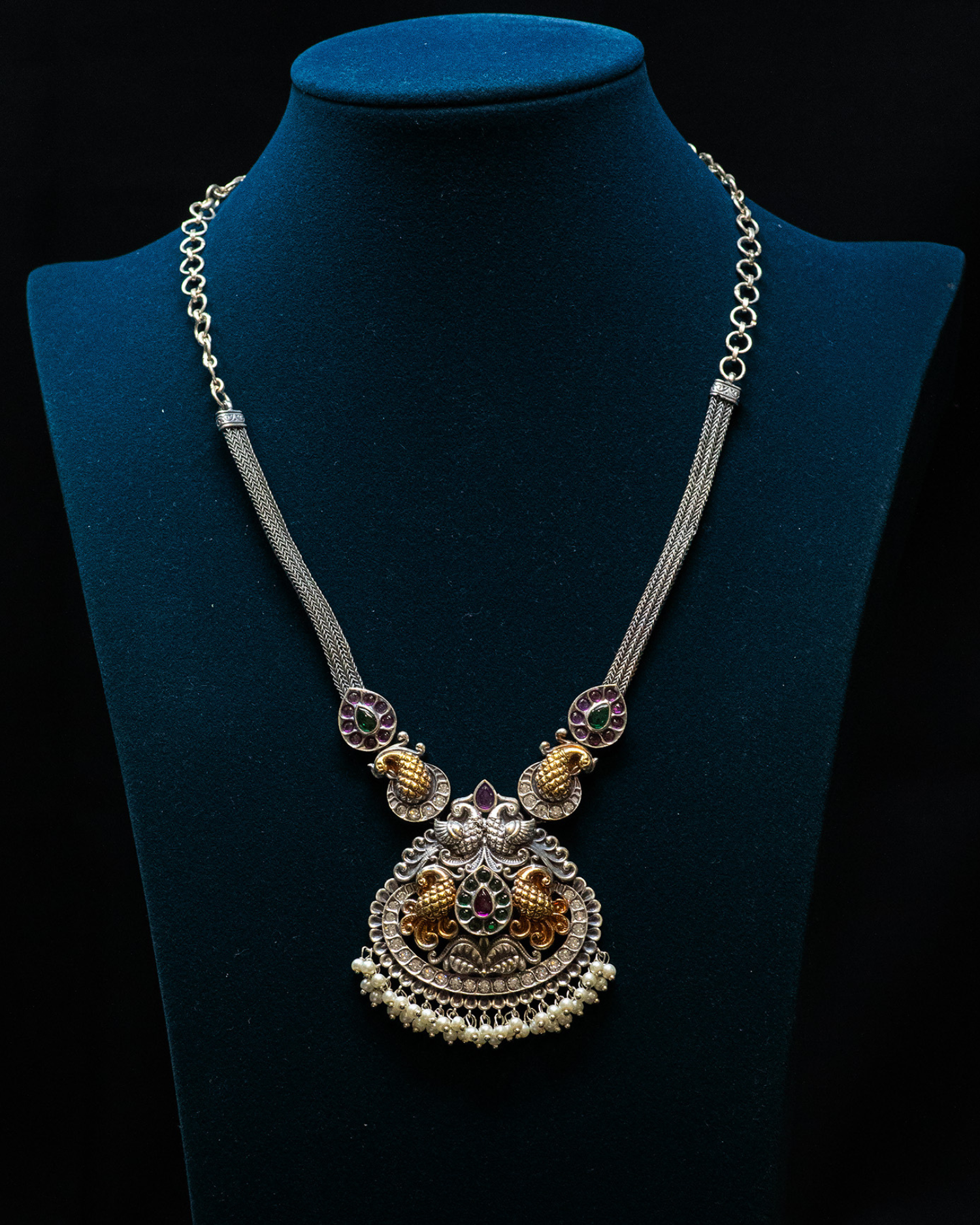Peacock Carved Pink Stone White Layer Stone Silver Look Alike Pendant Set