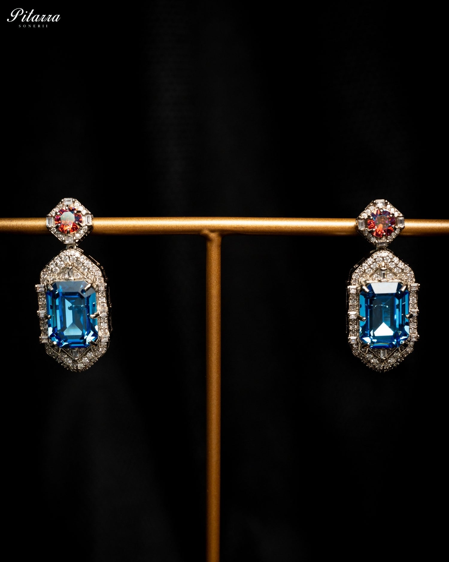 Blue Emerald Cut Diamond Halo Statement Drop Earrings