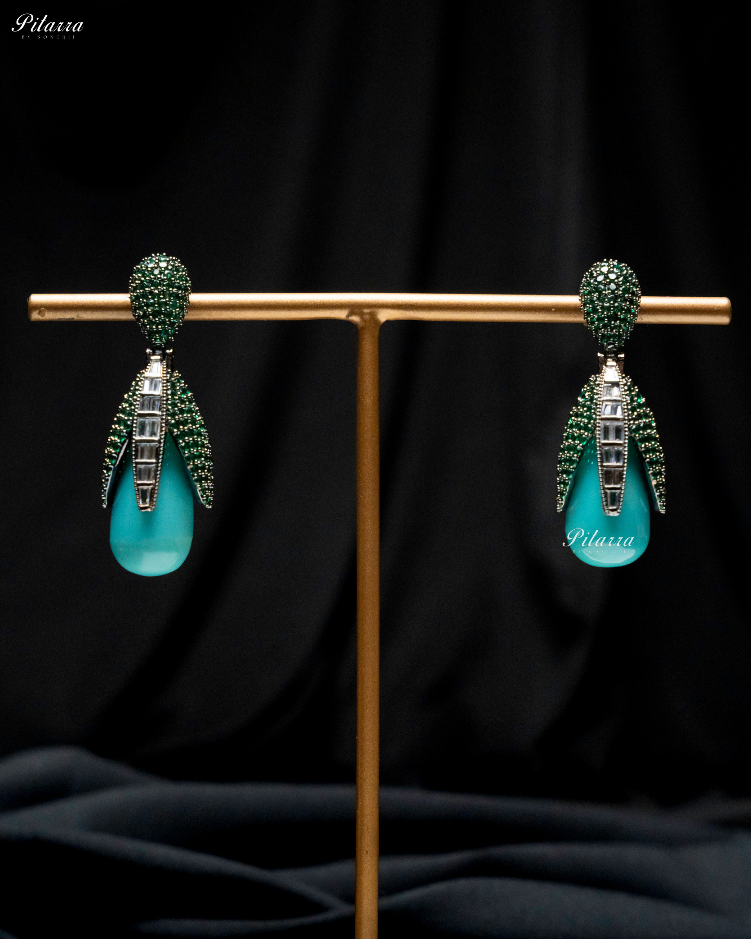Emerald Leaf Turquoise Teardrop CZ Crystal Earrings