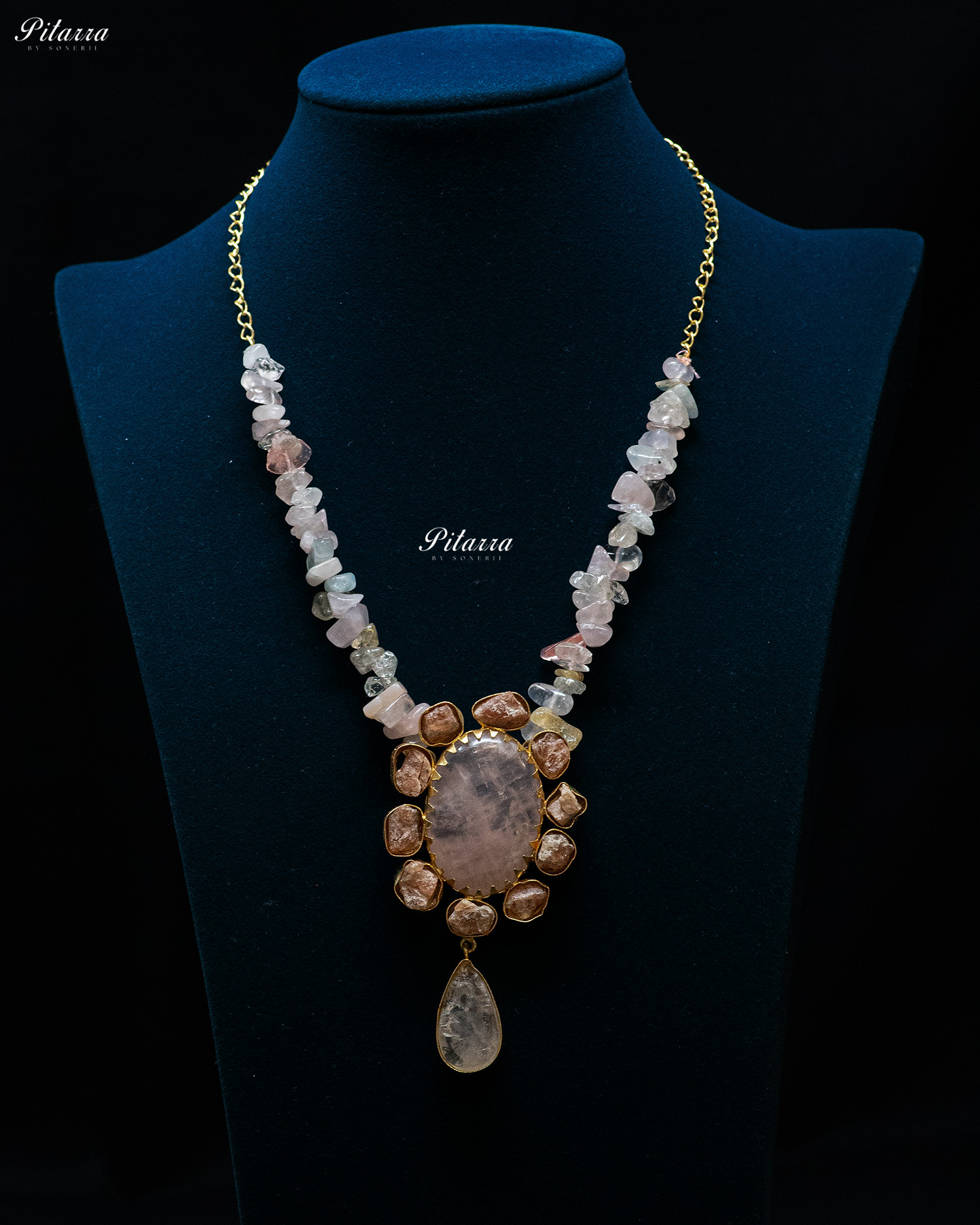 Peach Center Stone Golden Raw Stones Pendant Necklace