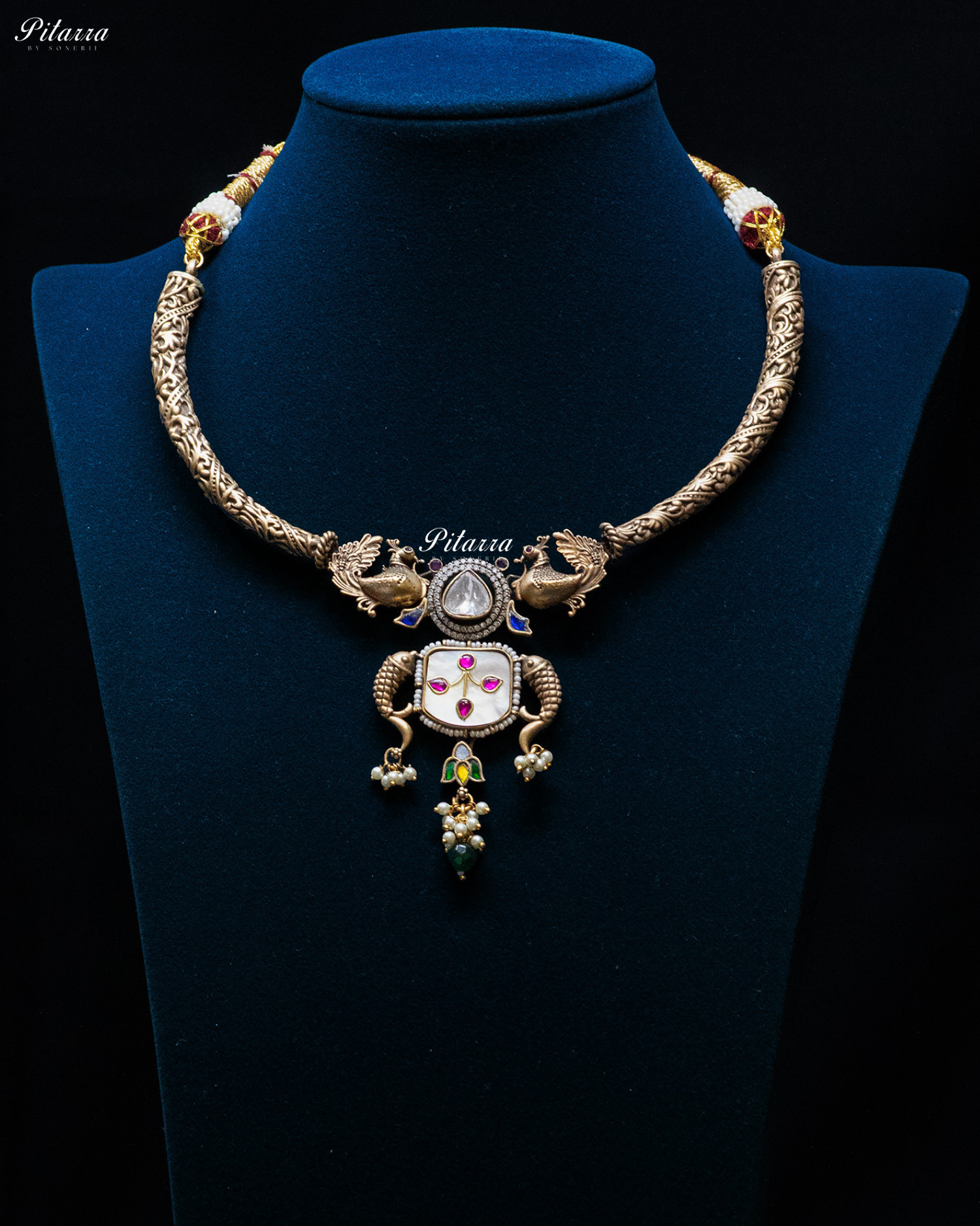 Dual Peacock White Stone Antique Designer Silver Look Alike Pendant Set