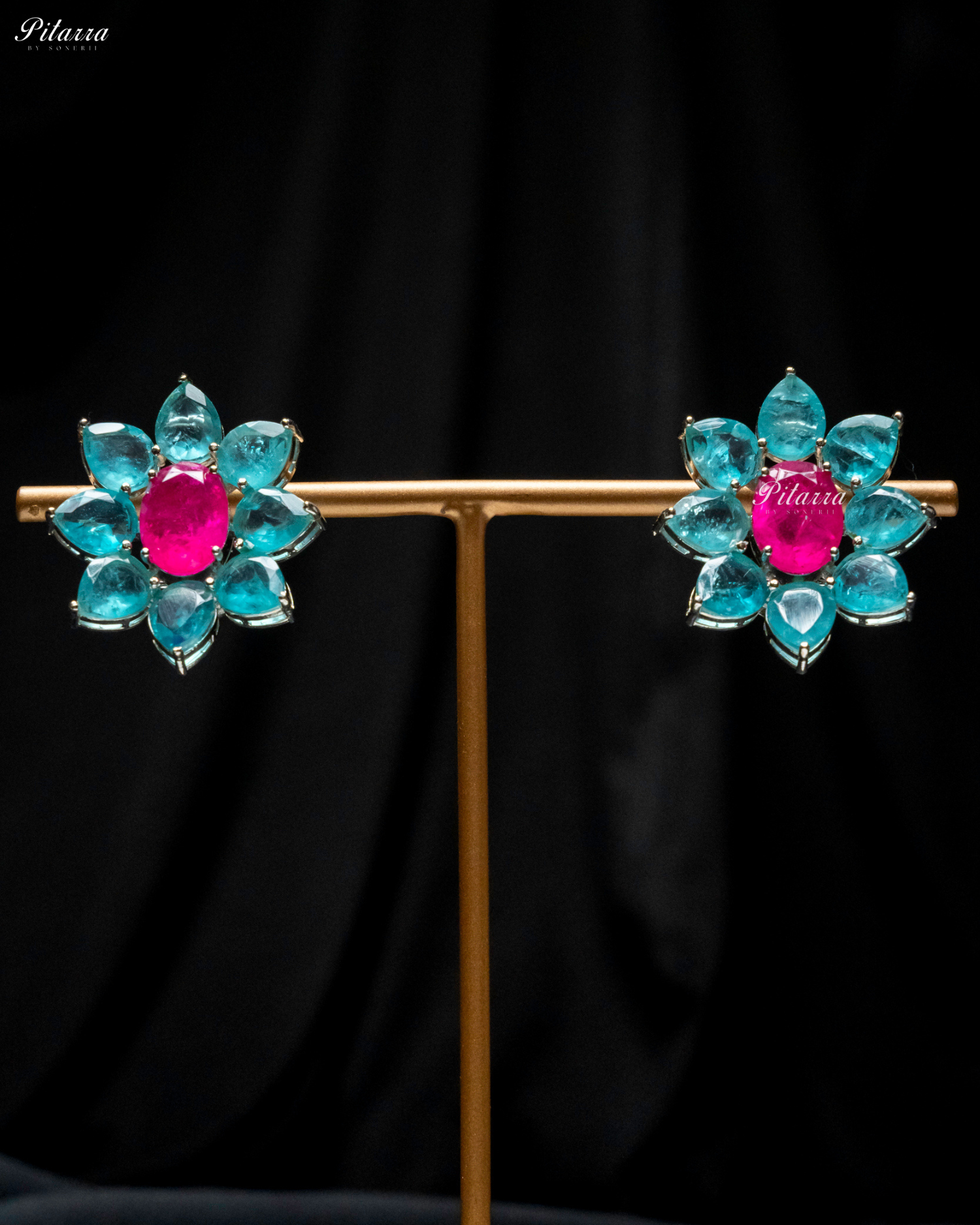 Pink Floral Turquoise Petals CZ Doublet Stud Earrings