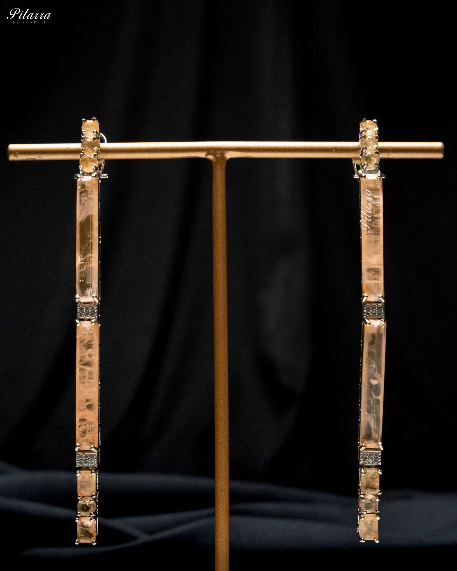 Peach Stone Linear Long Doublet Drop Earrings