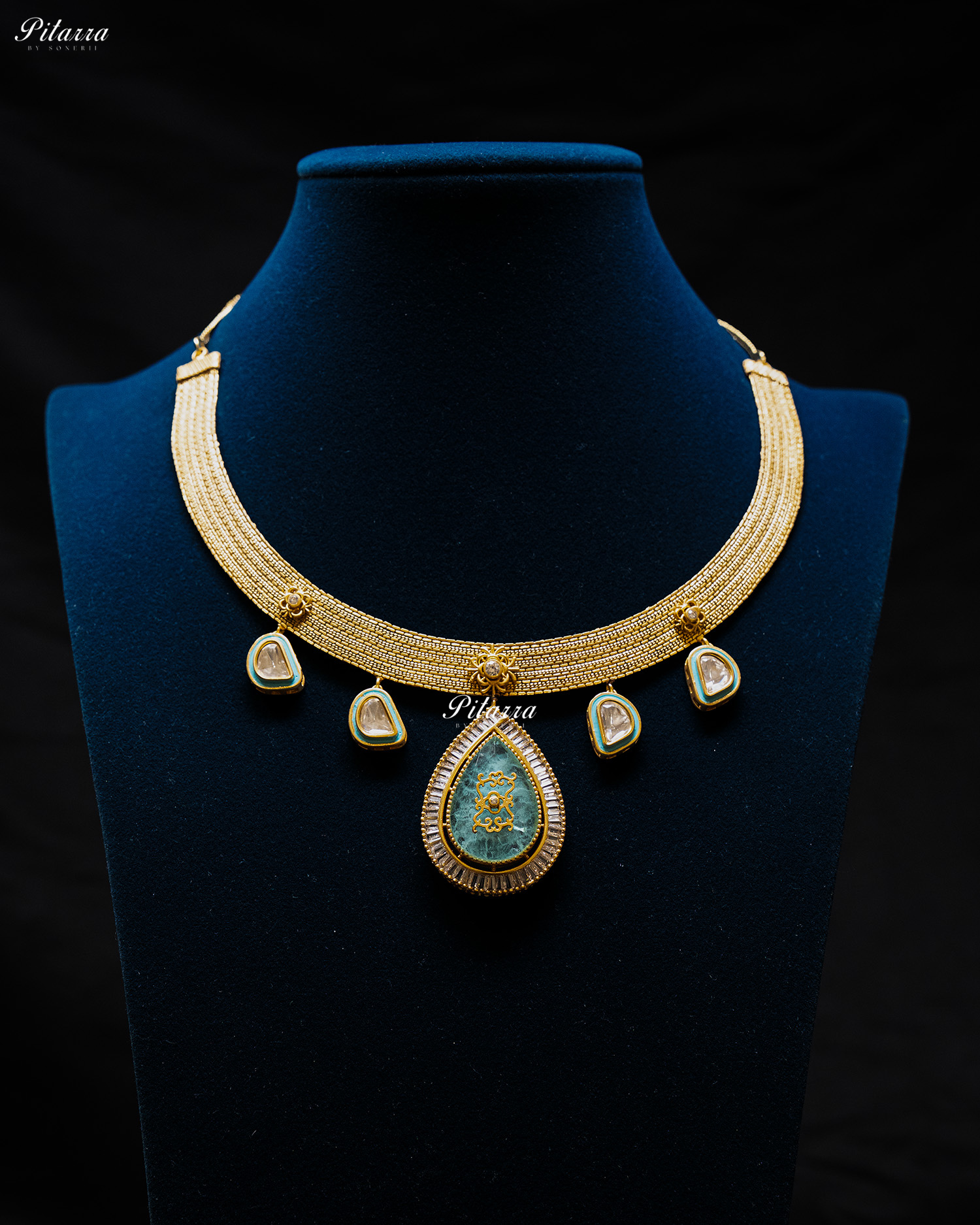 Big Sky Blue Teardrop Gold Plated Kundan Necklace Set