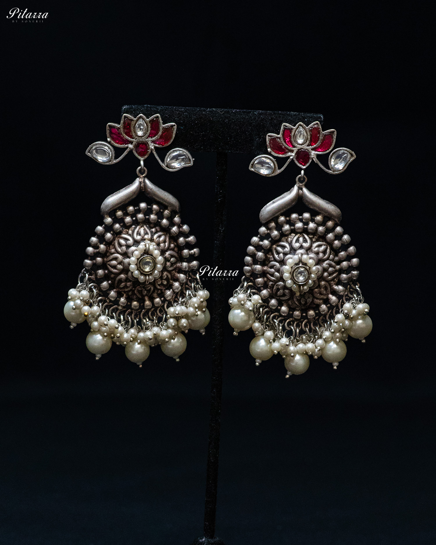Pink Lotus White Beads Silver Look Alike Dangle Earrings