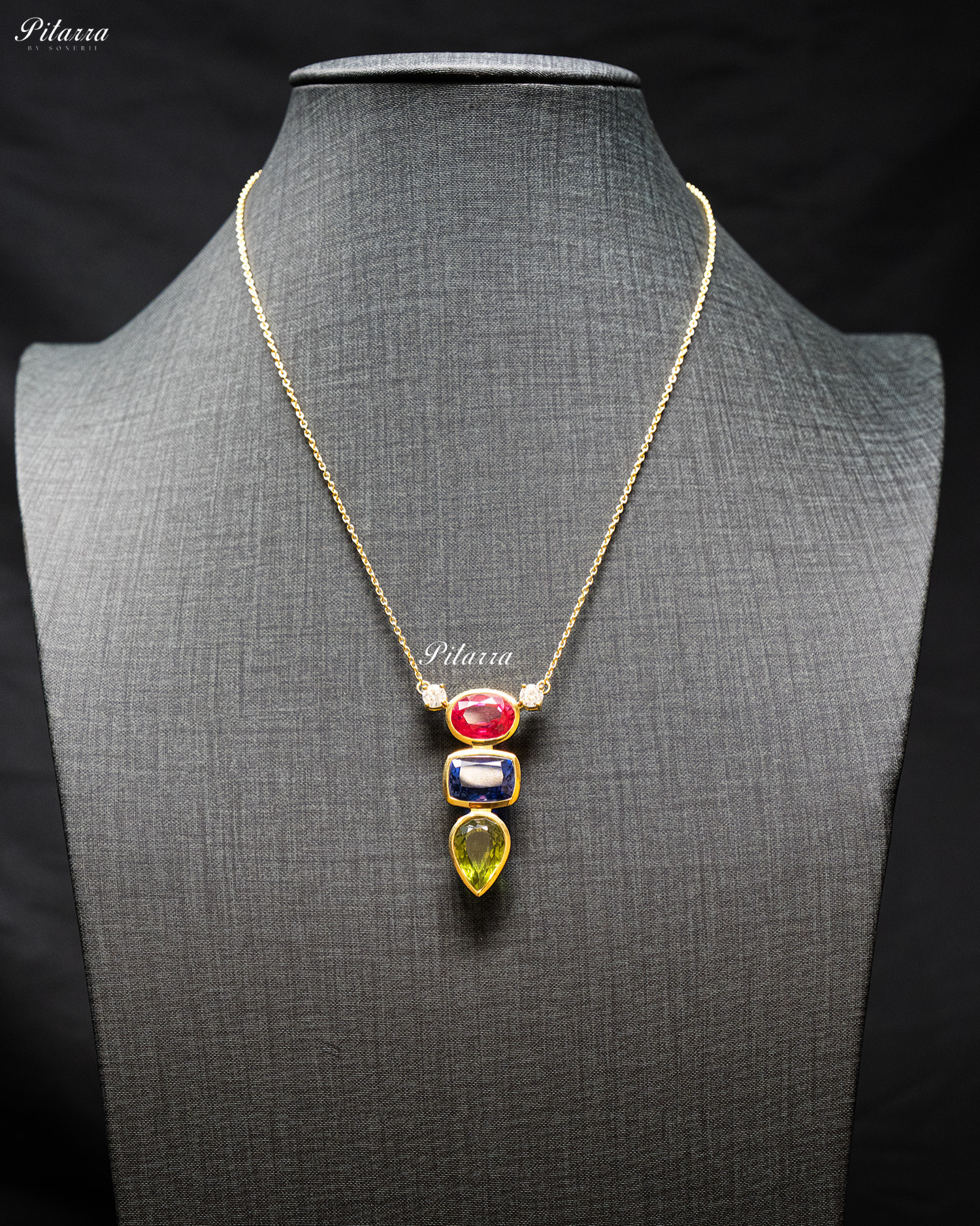 Gold Chain Round Pink Top Stone Green Drop Pendent Set