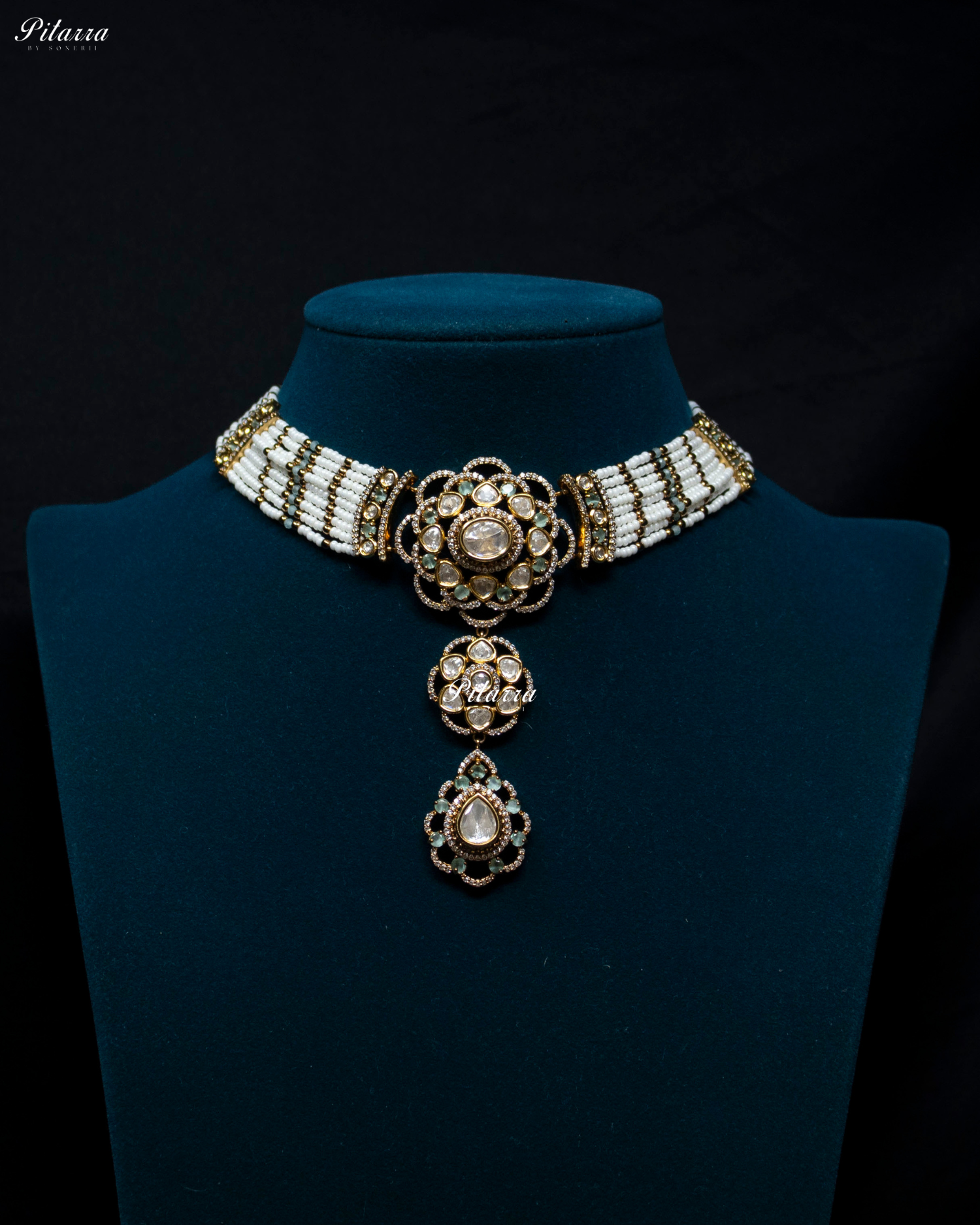Green Stone Multi Strand Pearl Kundan Choker Set