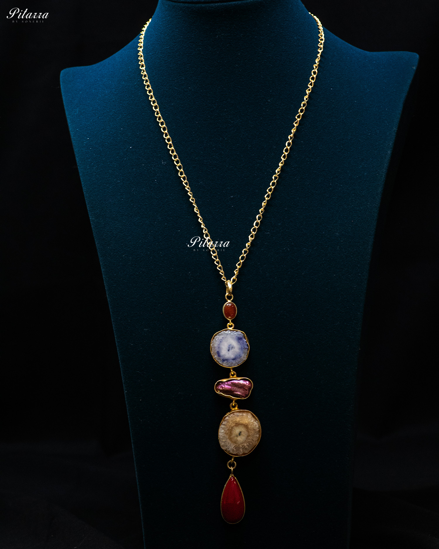 Red Drop Textured Circle Five Raw Stone Long Pendant