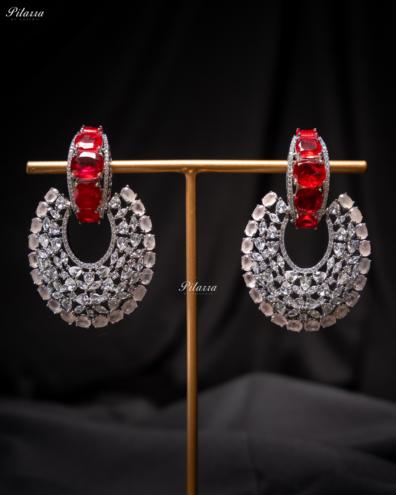 Red Stone White and pink Layer Cubic Zirconia Dangler Earrings