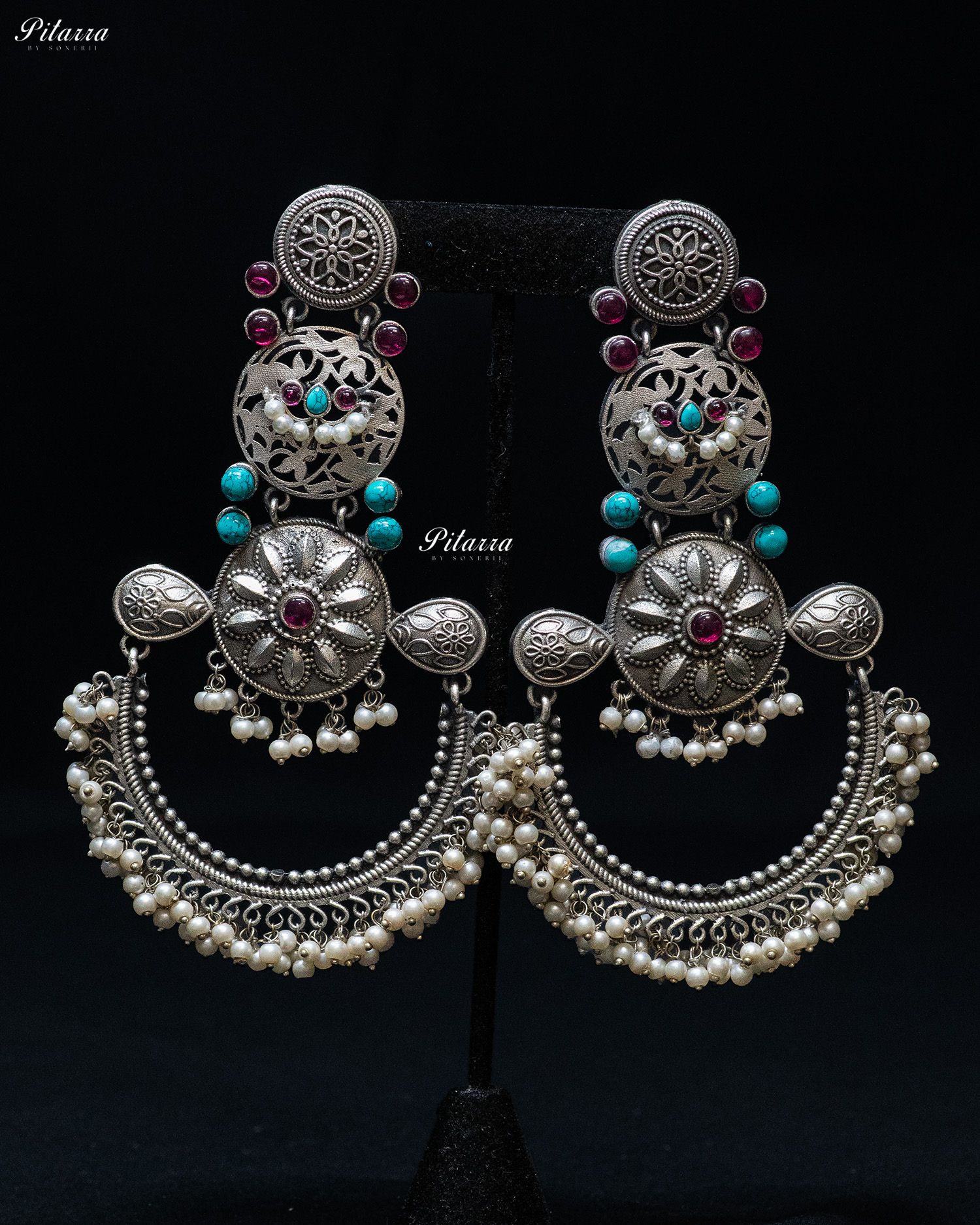 Turquoise Stone Flora Motif Silver Look Alike Dangler Earrings