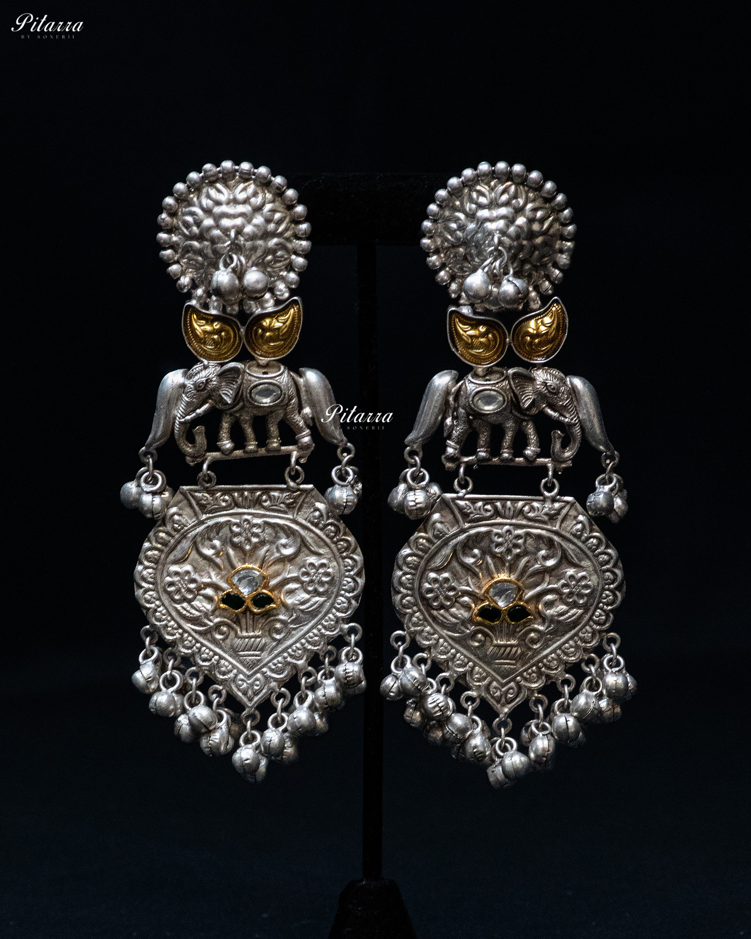 Elephant Stone Dark Green Center Stone Silver Look Alike Dangler Earrings