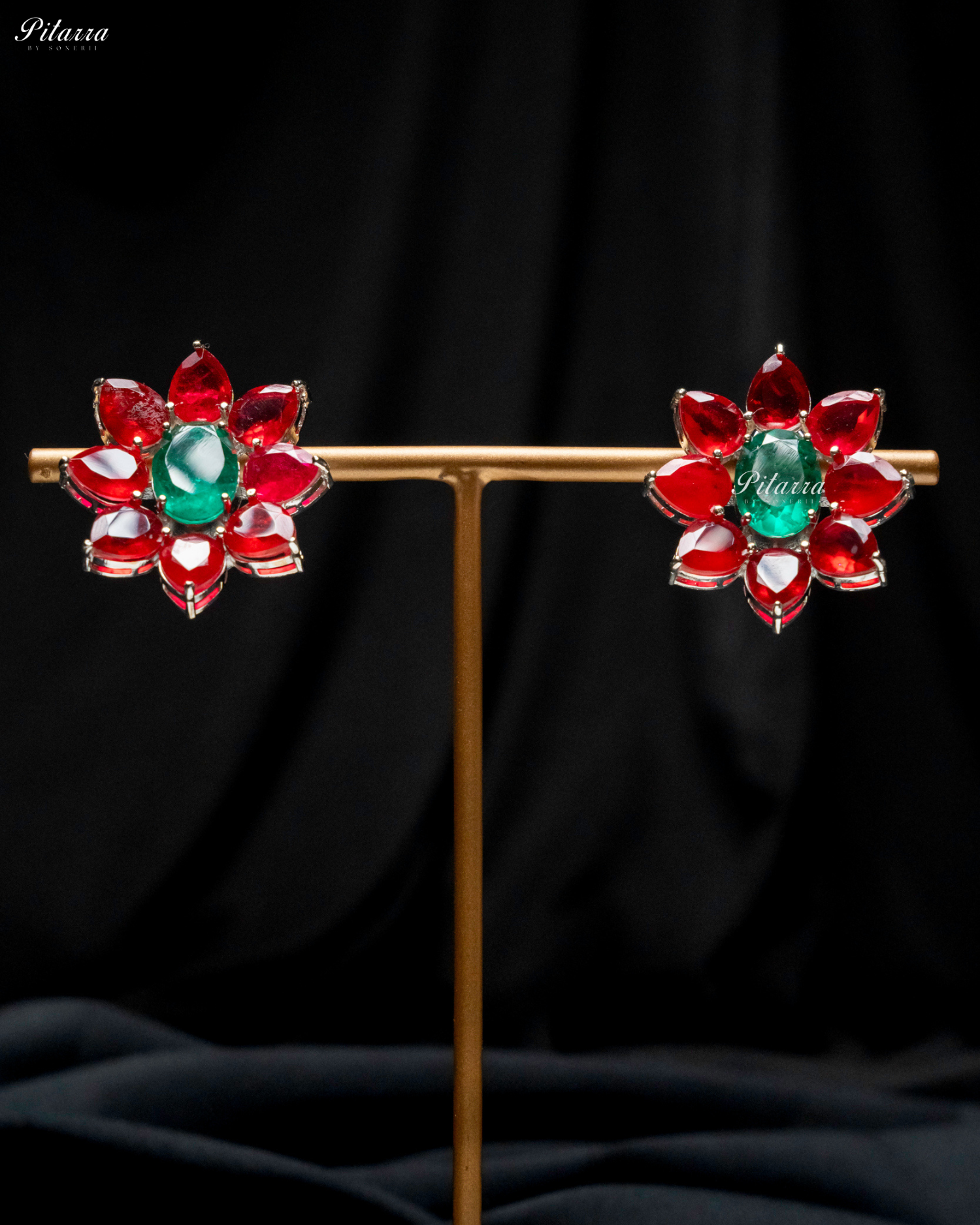 Emerald Floral Red Petals CZ Doublet Stud Earrings