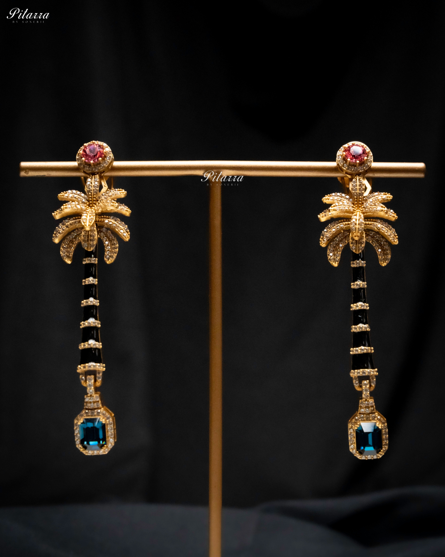 Pink and Navy Blue Stone Palm Tree Crystal Earrings