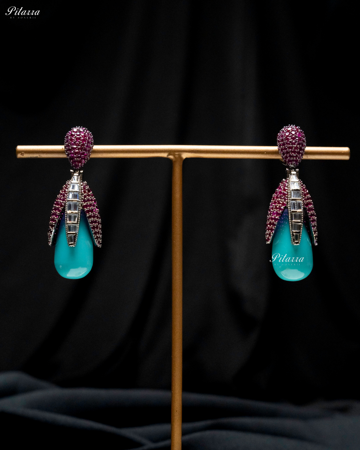 Pink Leaf Turquoise Teardrop CZ Crystal Earrings