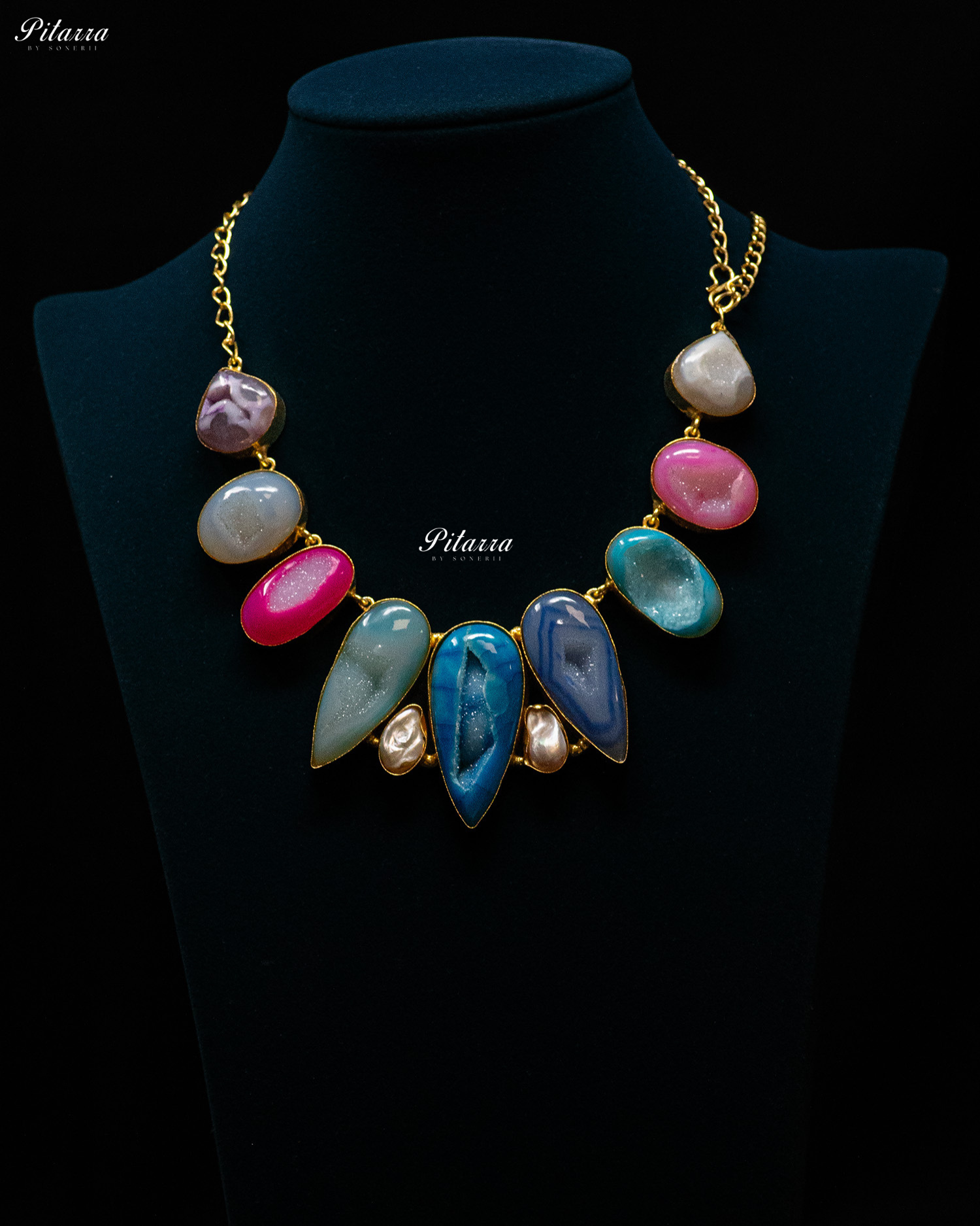 Gold Plated Multi Colored Sculptural Stone Statement Necklace