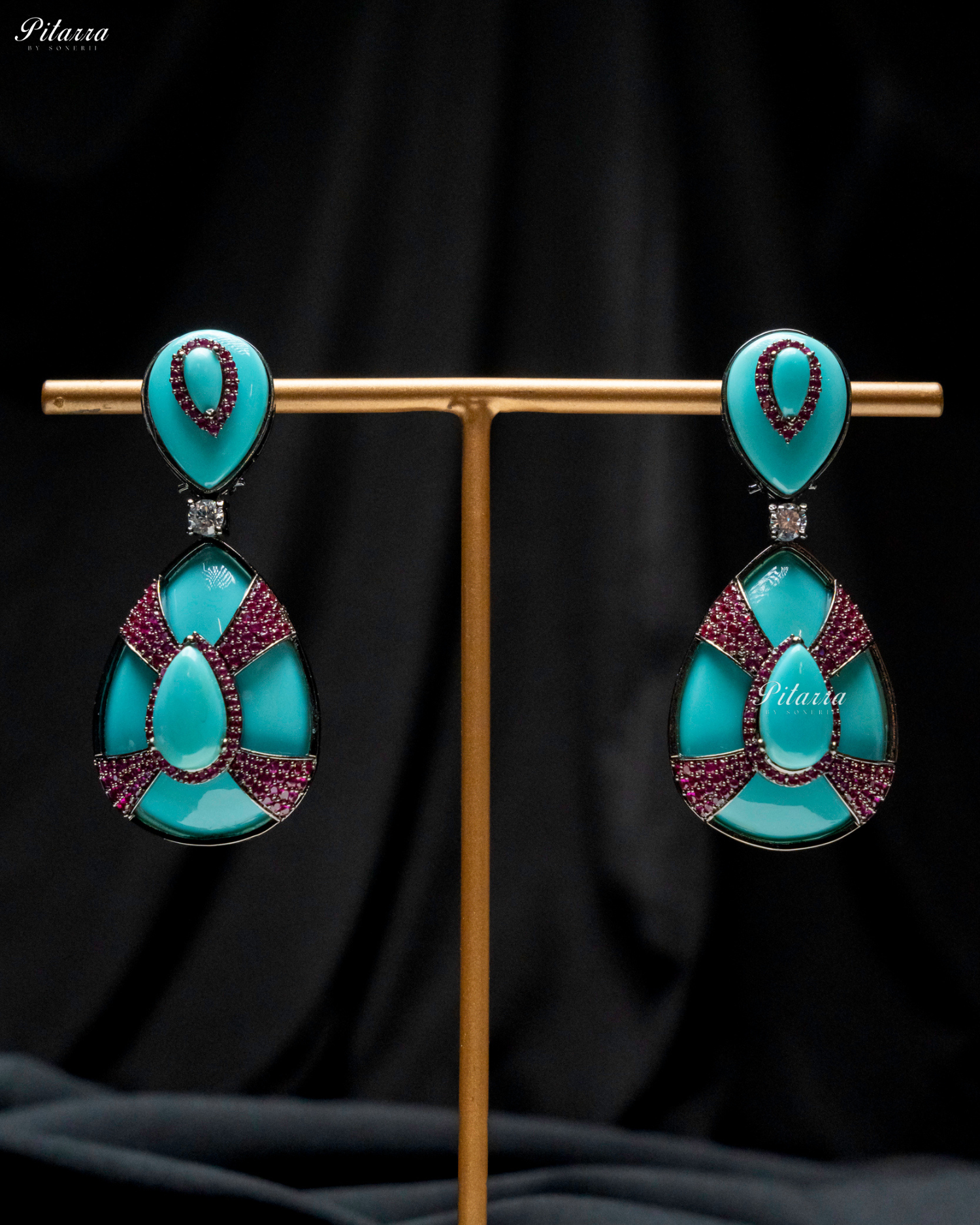 Turquoise Stone Turquoise Drop Pink Line Crystal Dangler Earrings