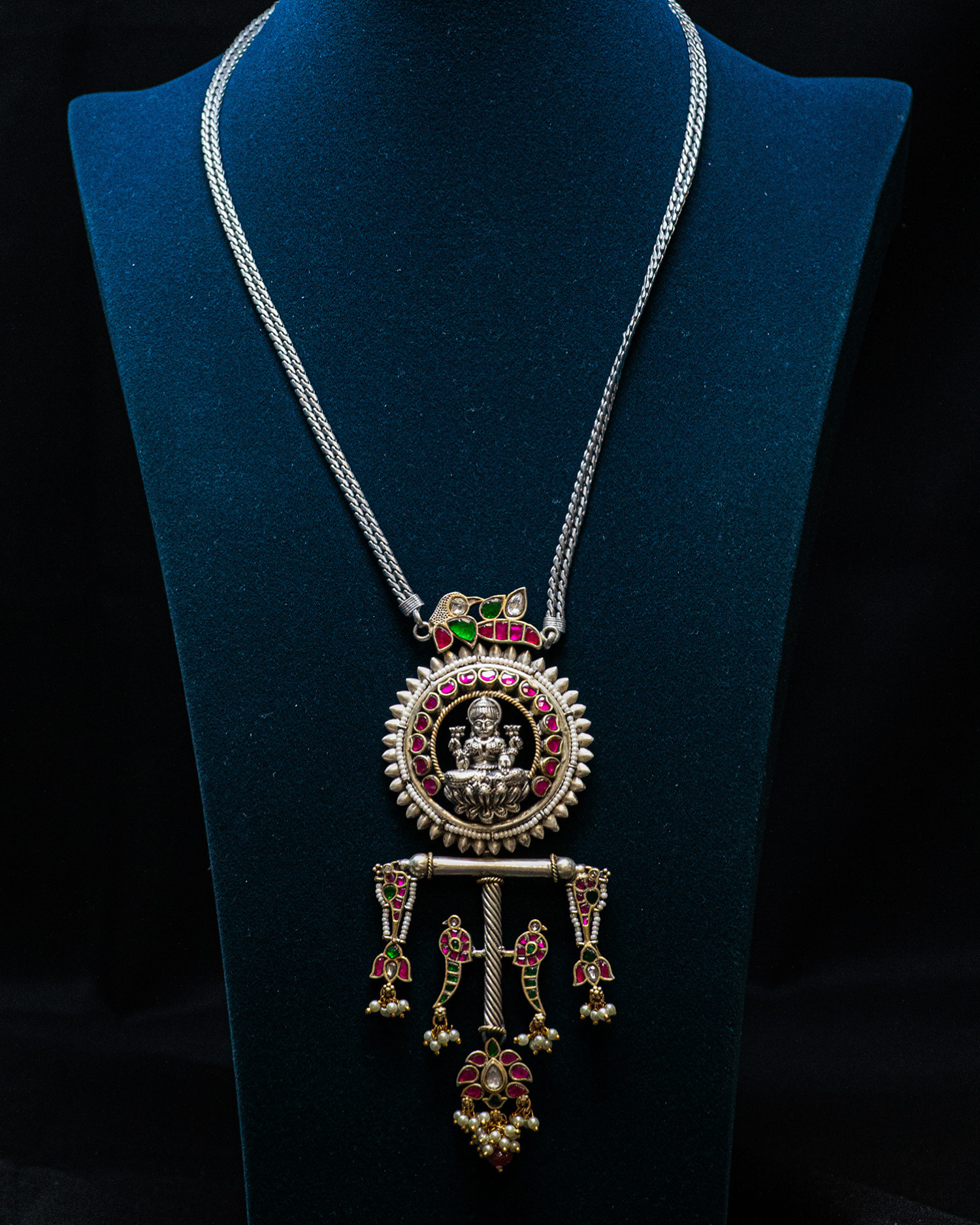 Layer Chain White Stone Laxmi Silver Look Alike Pendant Set