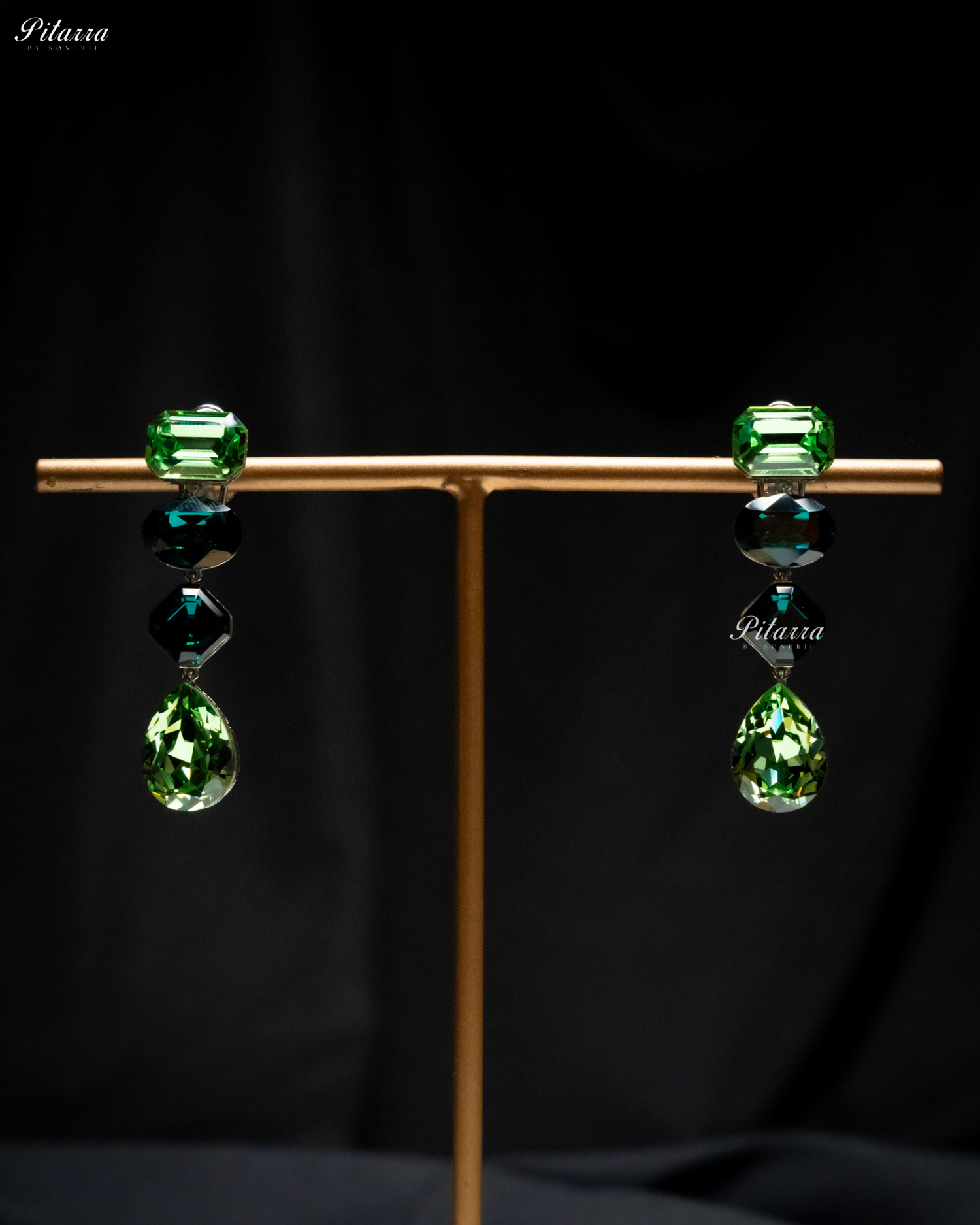Green Emerald Stone Studded Geometric Crystal Drop Earrings