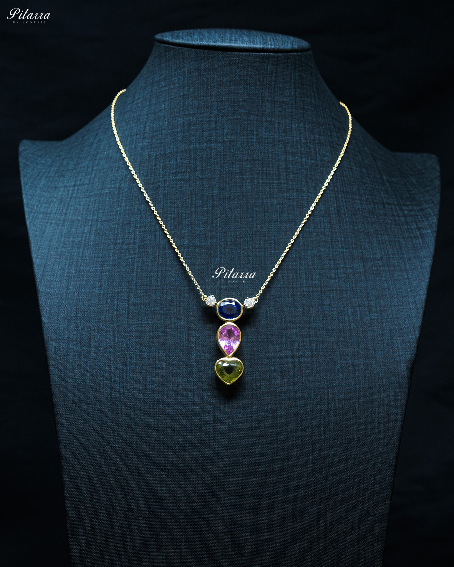 Gold Chain Round Blue Top Stone Green Heart Drop Pendent Set