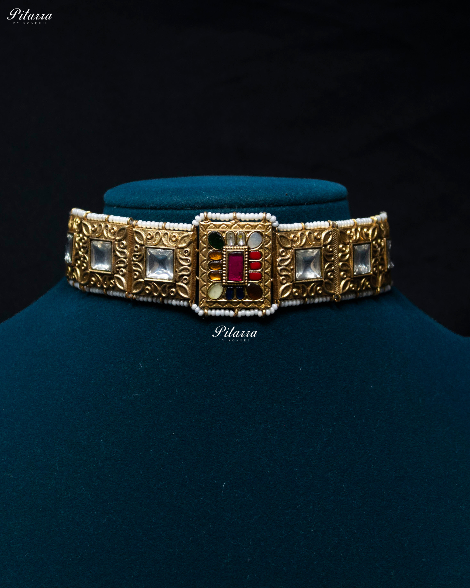 Square Multi Stone Golden Tone Kundan Choker Set