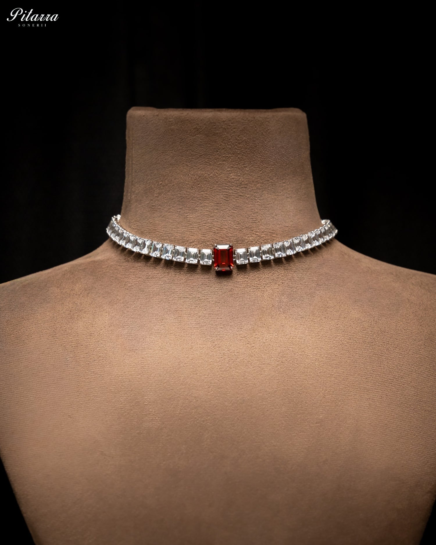 Red Diamond Baguette Cut Tennis Choker Necklace Set