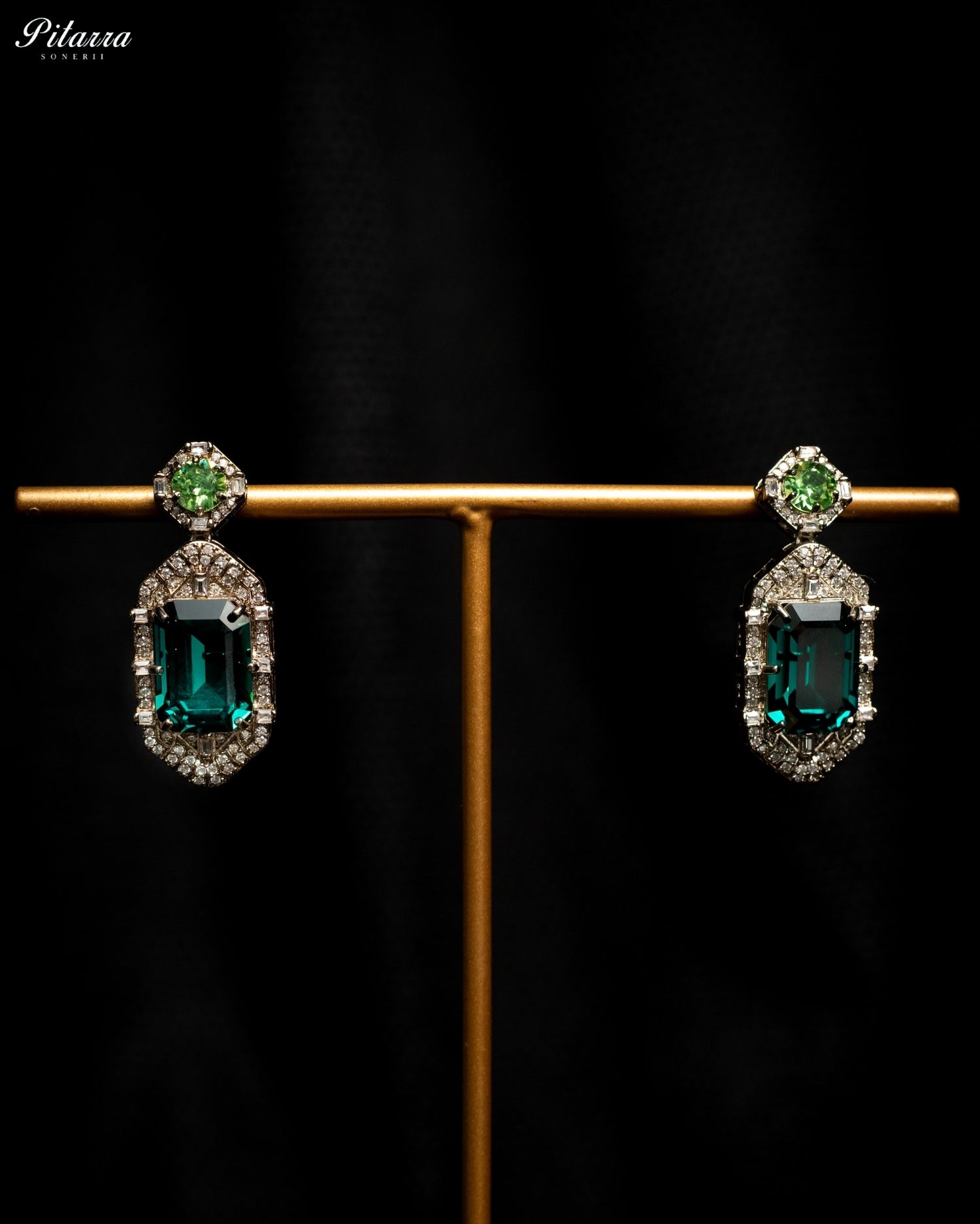 Teal Green Emerald Cut Diamond Halo Statement Drop Earrings