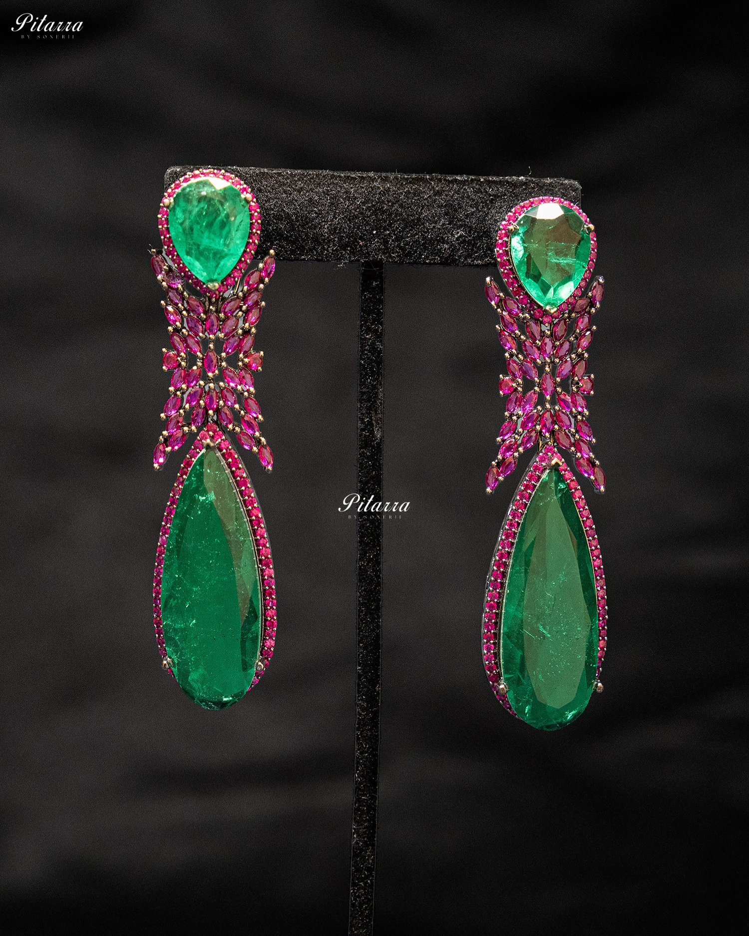 Green Stone Purple Finish Contemporary Drop Earrings