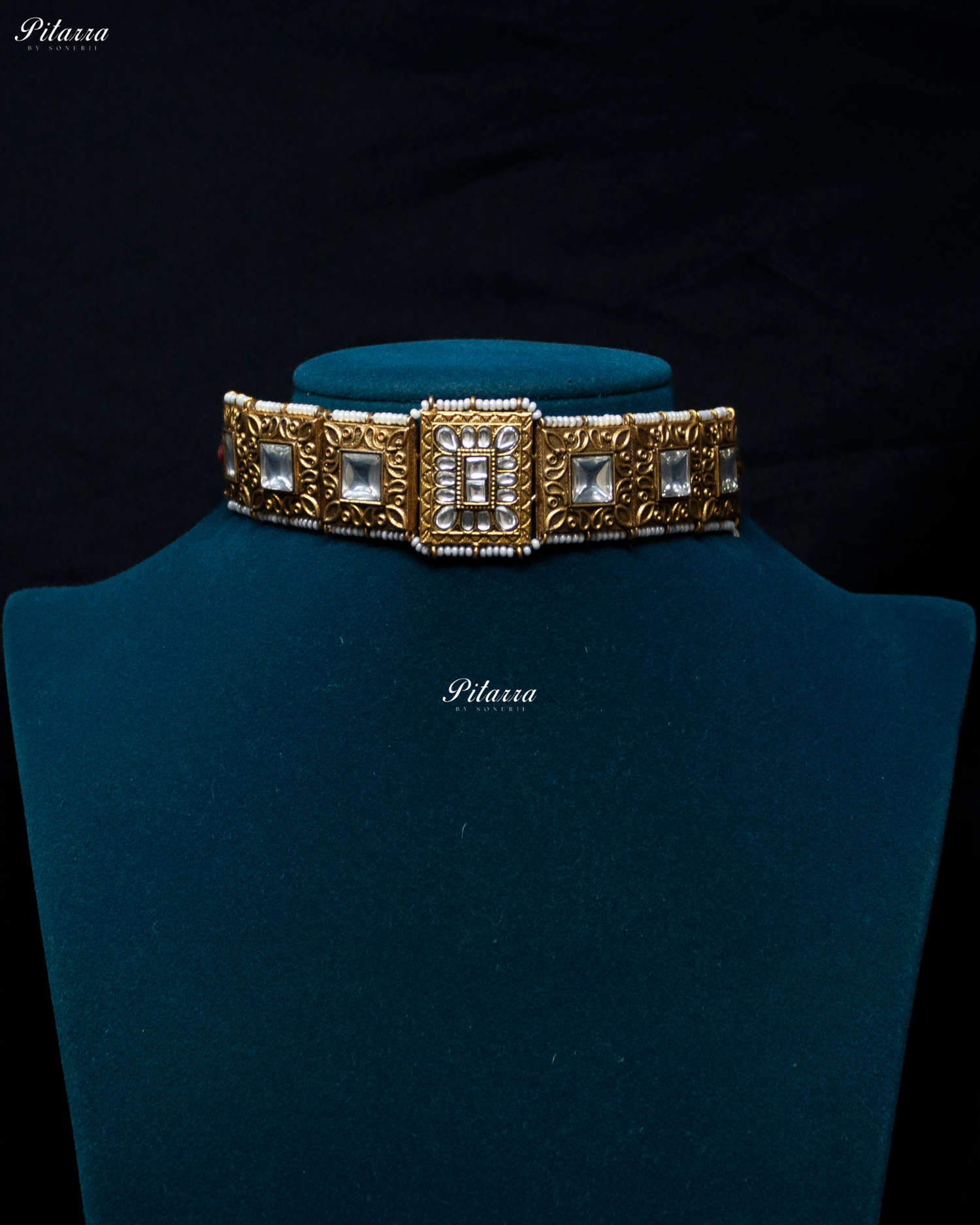 Square Clear Crystal Stone Golden Tone Kundan Choker Set