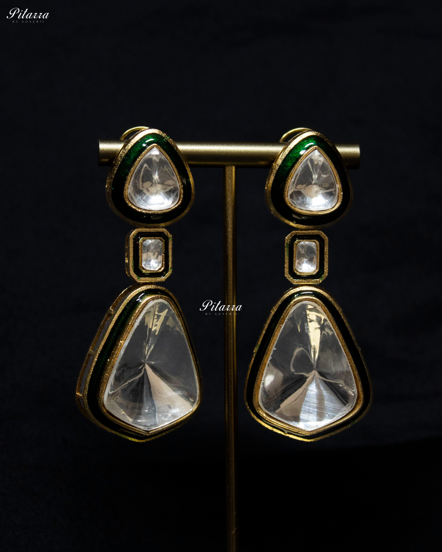 Gold Plated Dark Emerald Kundan Meenakar Drop Earrings