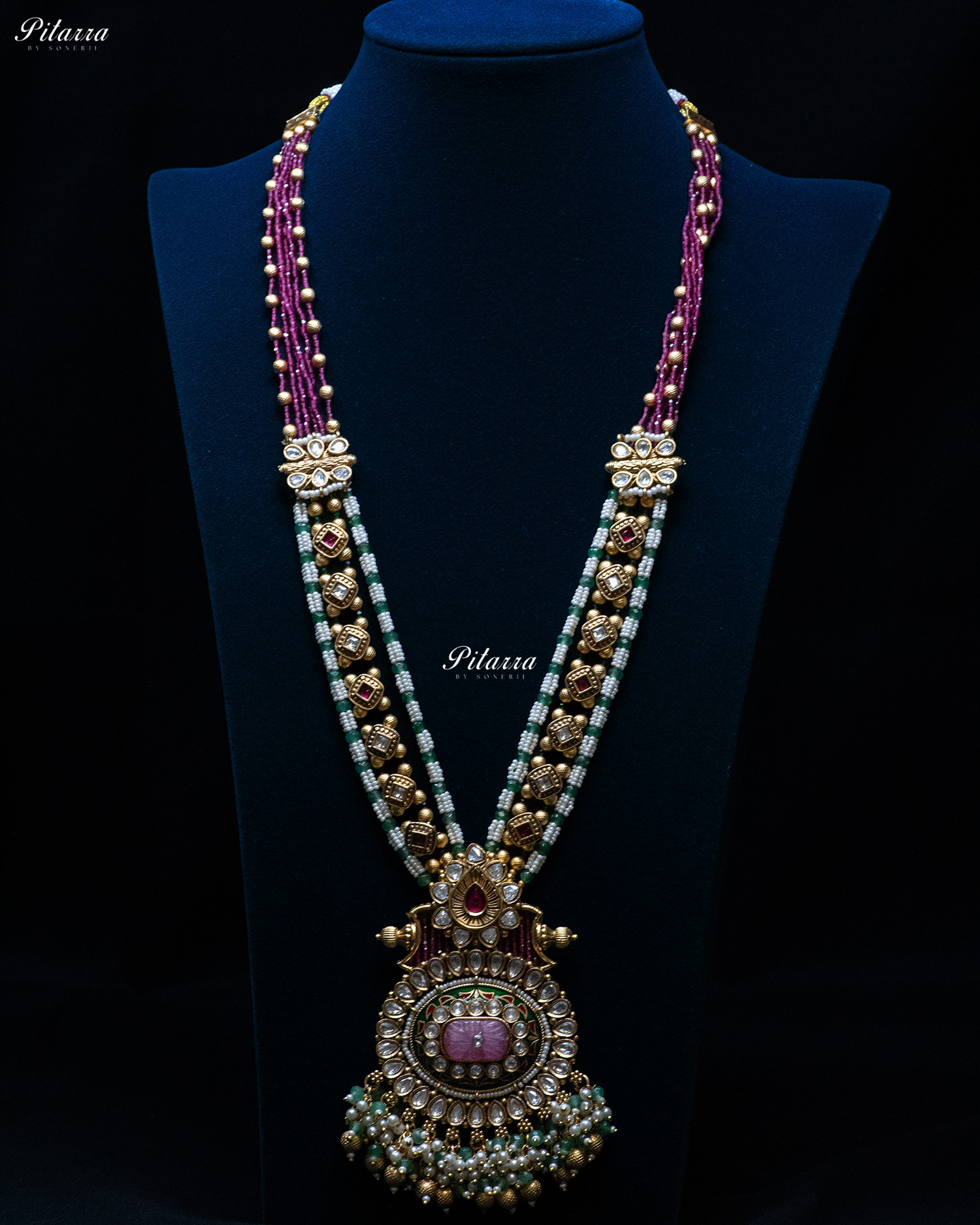 Pink Stone Multi Color Beads Long Kundan Necklace Set