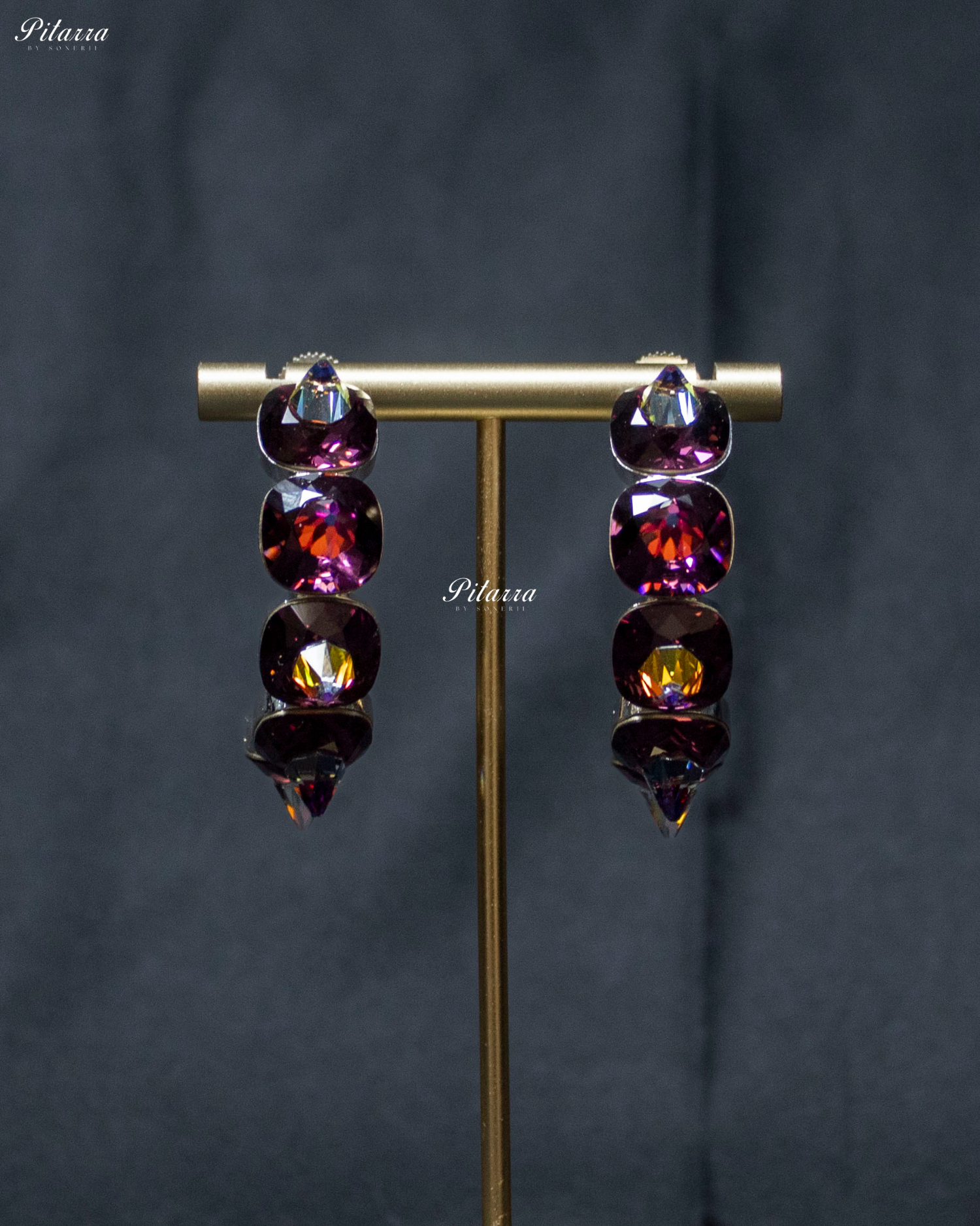 Wine Red Stone Pyramid Cut Crystal Hoop Earrings