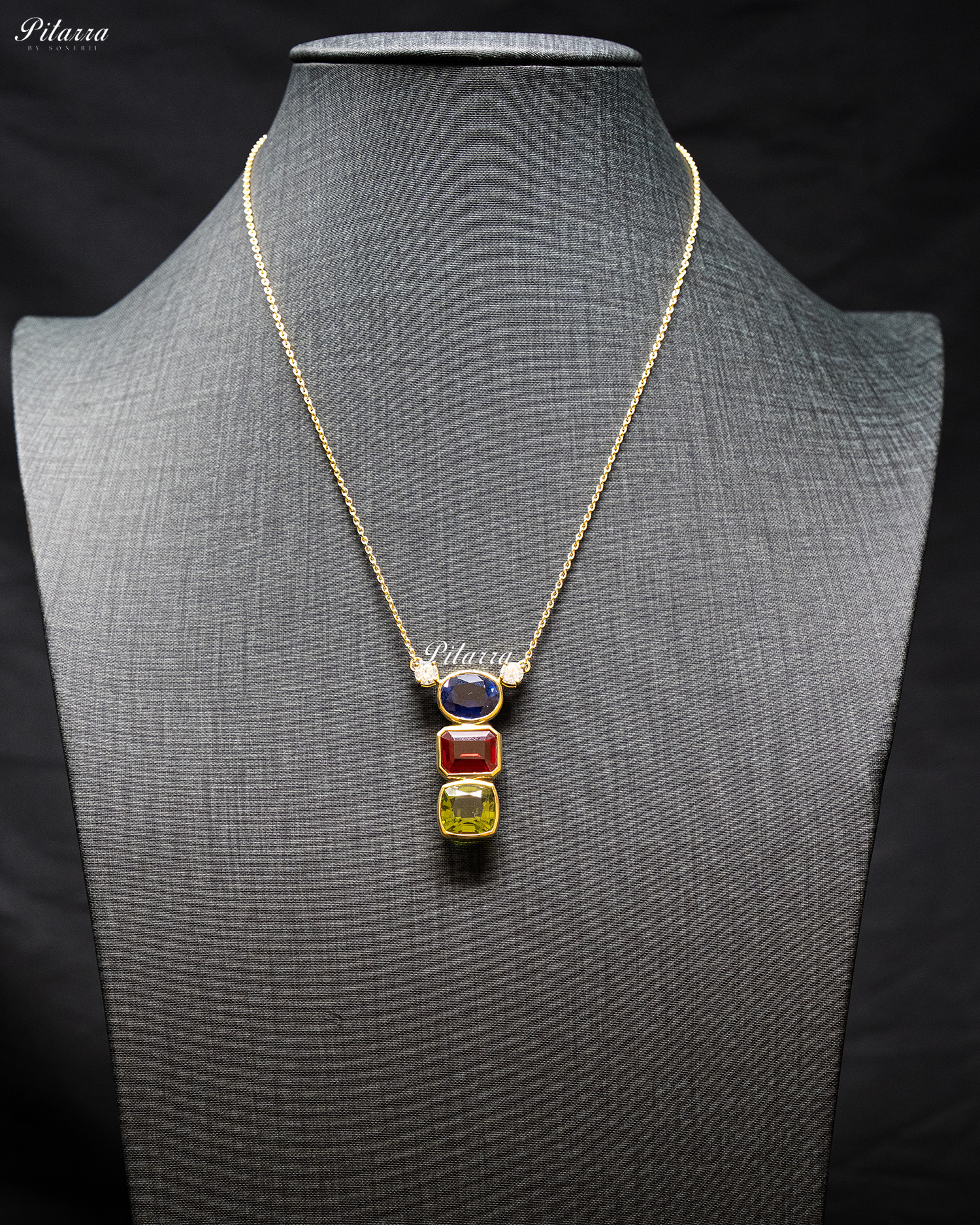 Gold Chain Round Blue Top Stone Square Green Pendent Set