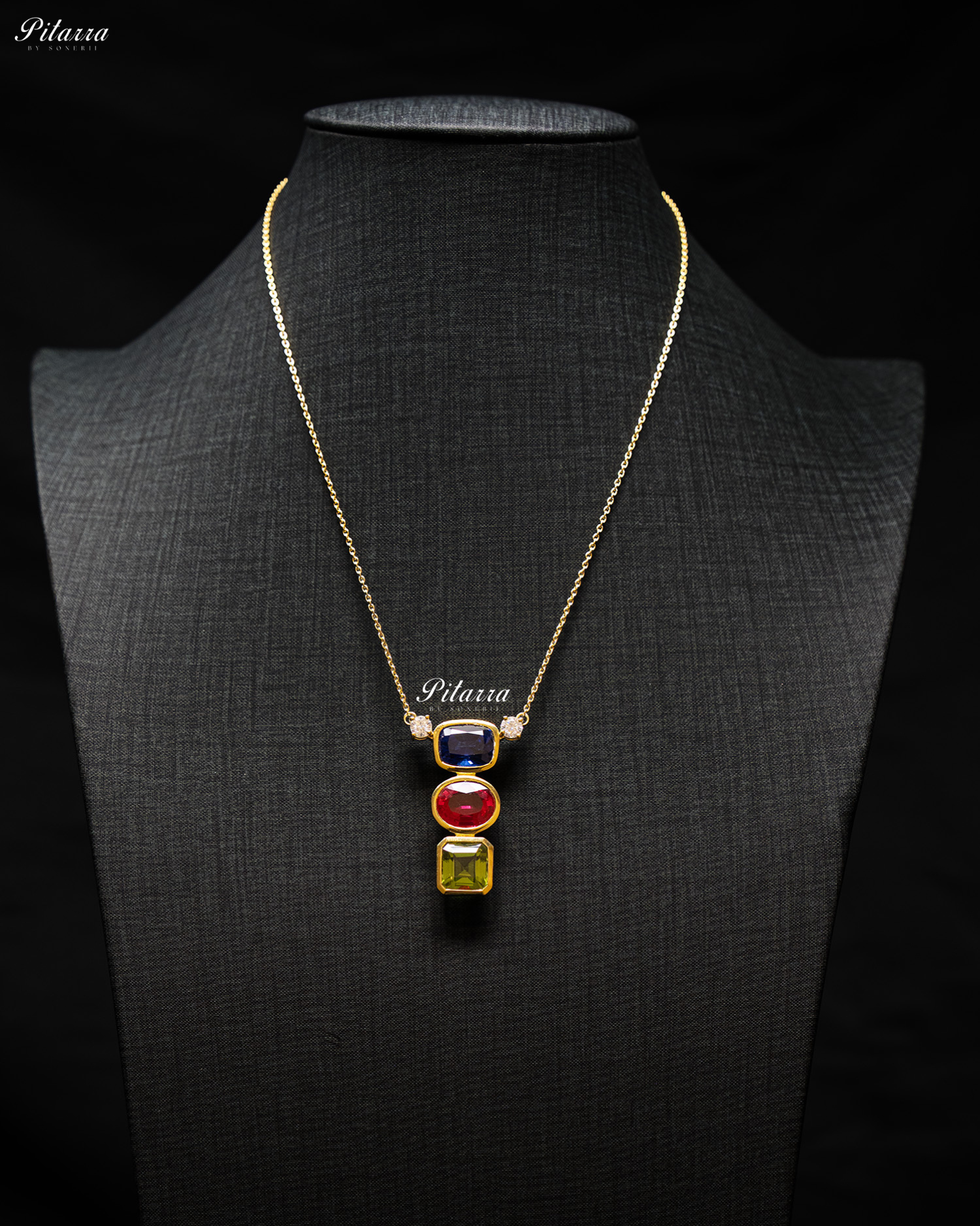 Gold Chain Square Blue Top Stone Square Green Drop Pendent Set