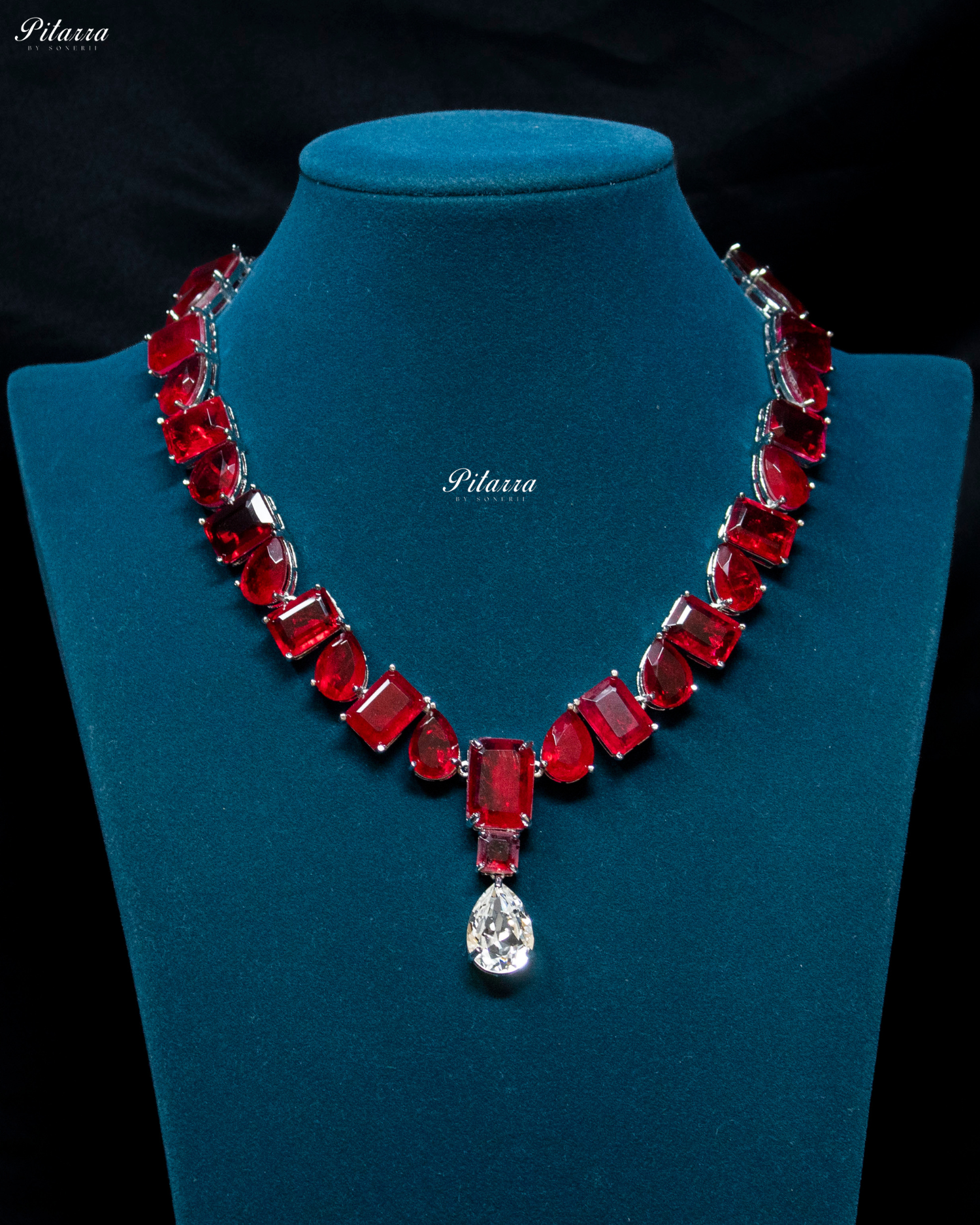 Red Square and Drop Crystal Necklace Set